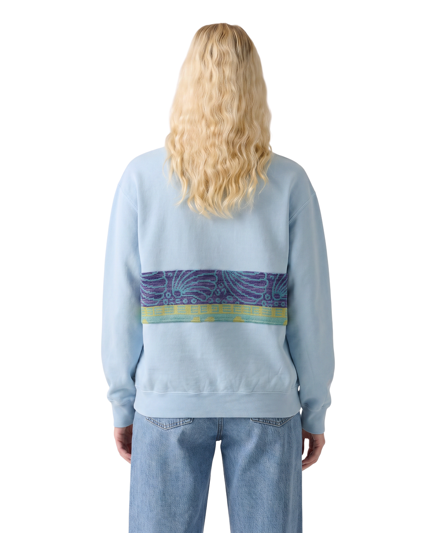 Medium Aqua Sunset Chaser "Horizon Bliss" — one-of-a-kind upcycled vintage beach towel sweatshirt, handmade by Kspek, view 3