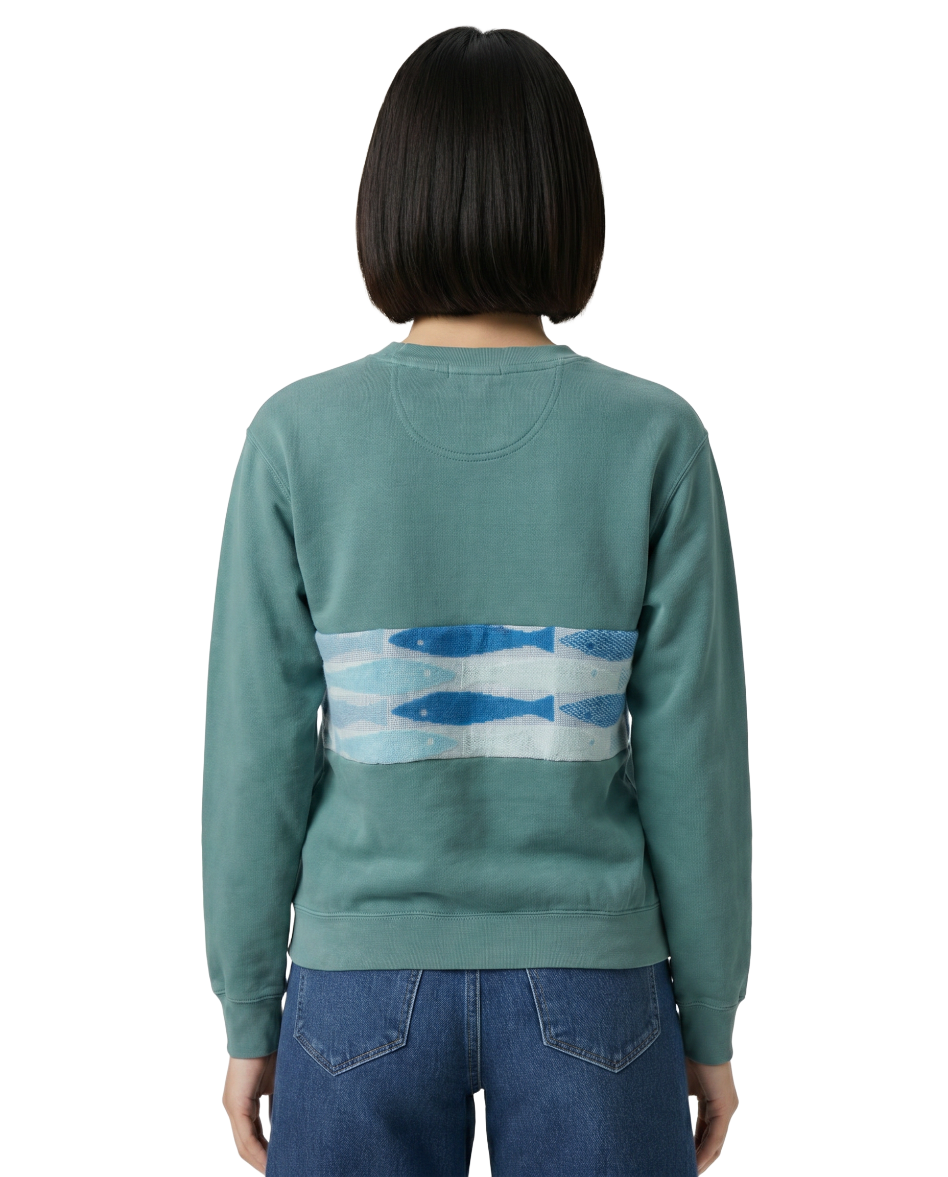 Small Light Jade Sunset Chaser "Coastal Harmony" — one-of-a-kind upcycled vintage beach towel sweatshirt, handmade by Kspek, view 2