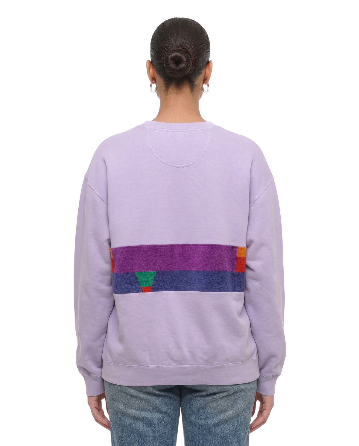 Large Lavender Sunset Chaser "Geometric Sunscape" — one-of-a-kind upcycled vintage beach towel sweatshirt, handmade by Kspek, view 3