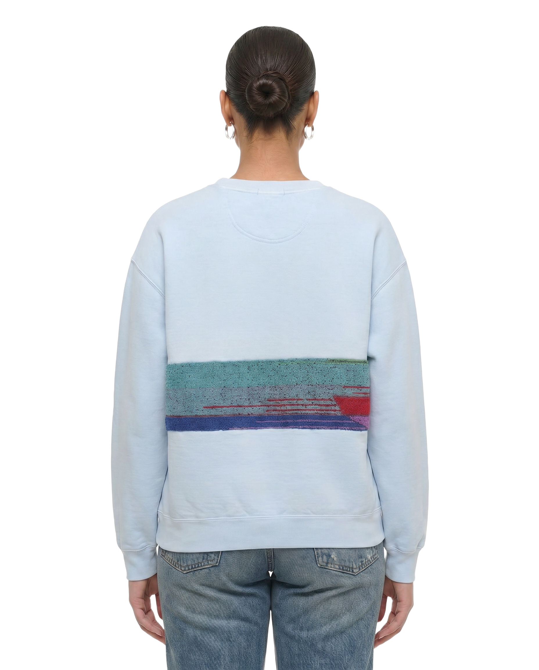 Large Aqua Sunset Chaser "Radiant Coastline" — one-of-a-kind upcycled vintage beach towel sweatshirt, handmade by Kspek, view 2