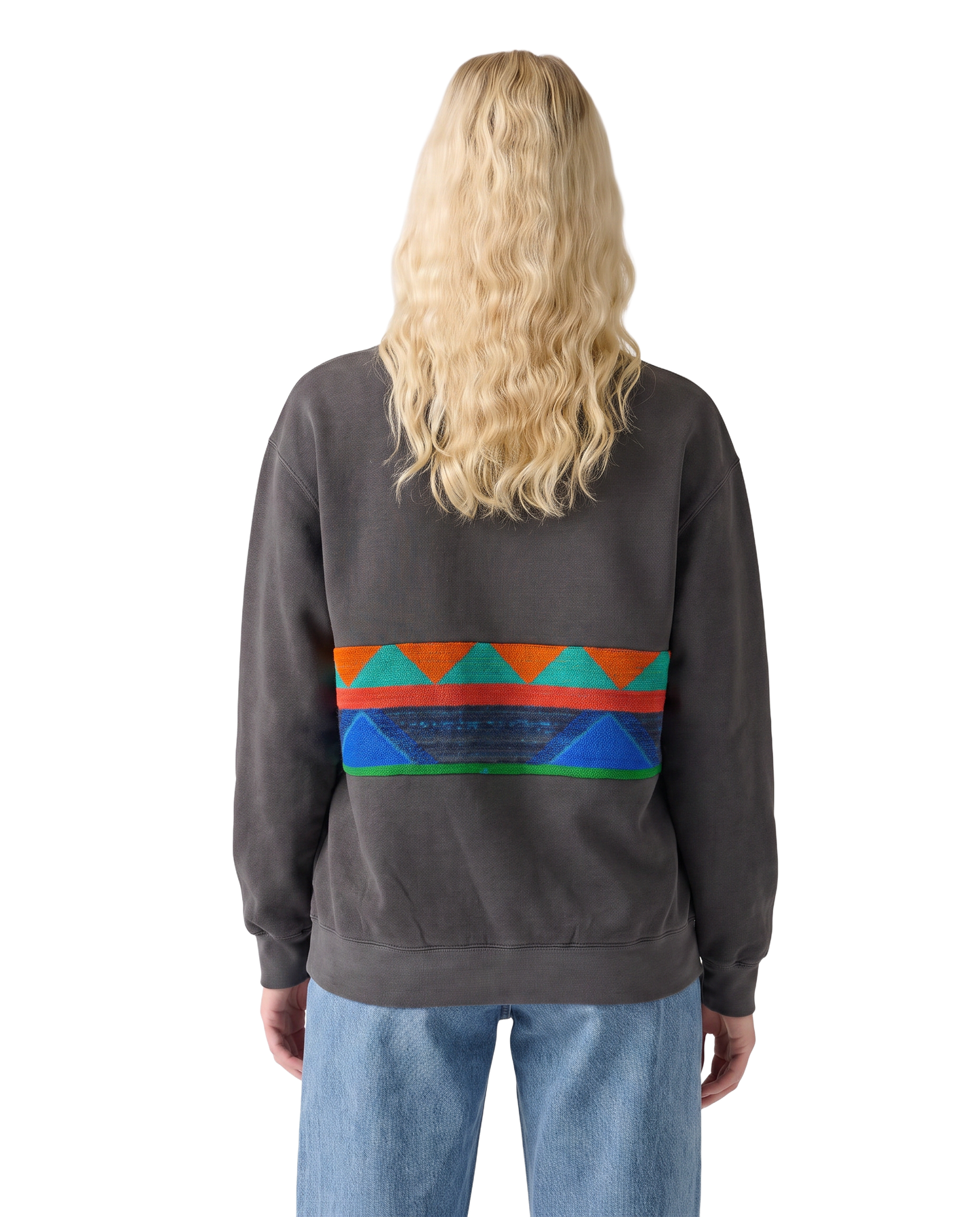 Medium Pepper Sunset Chaser "Geometric Sunrise" — one-of-a-kind upcycled vintage beach towel sweatshirt, handmade by Kspek, view 3