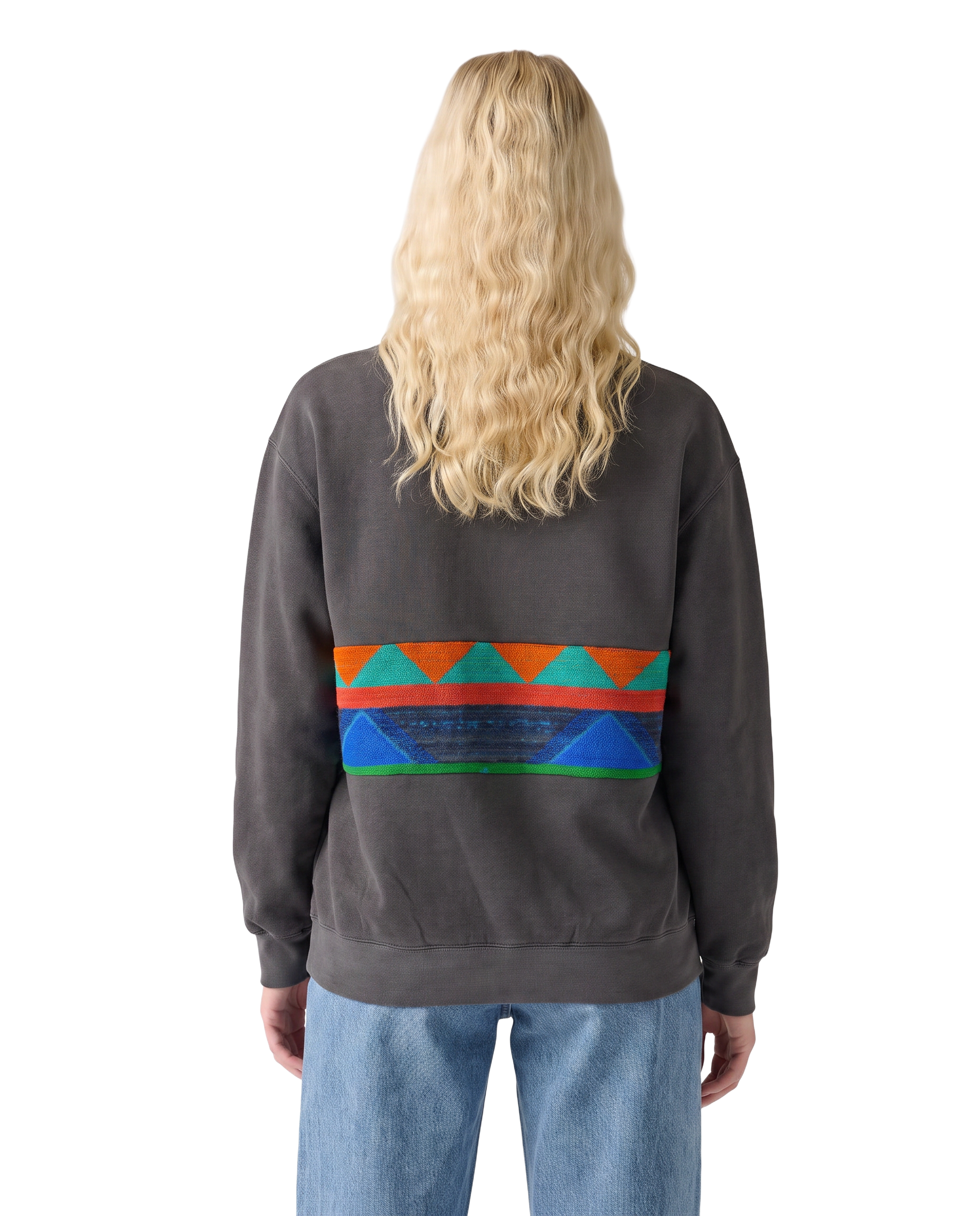 Medium Pepper Sunset Chaser "Geometric Sunrise" — one-of-a-kind upcycled vintage beach towel sweatshirt, handmade by Kspek, view 3
