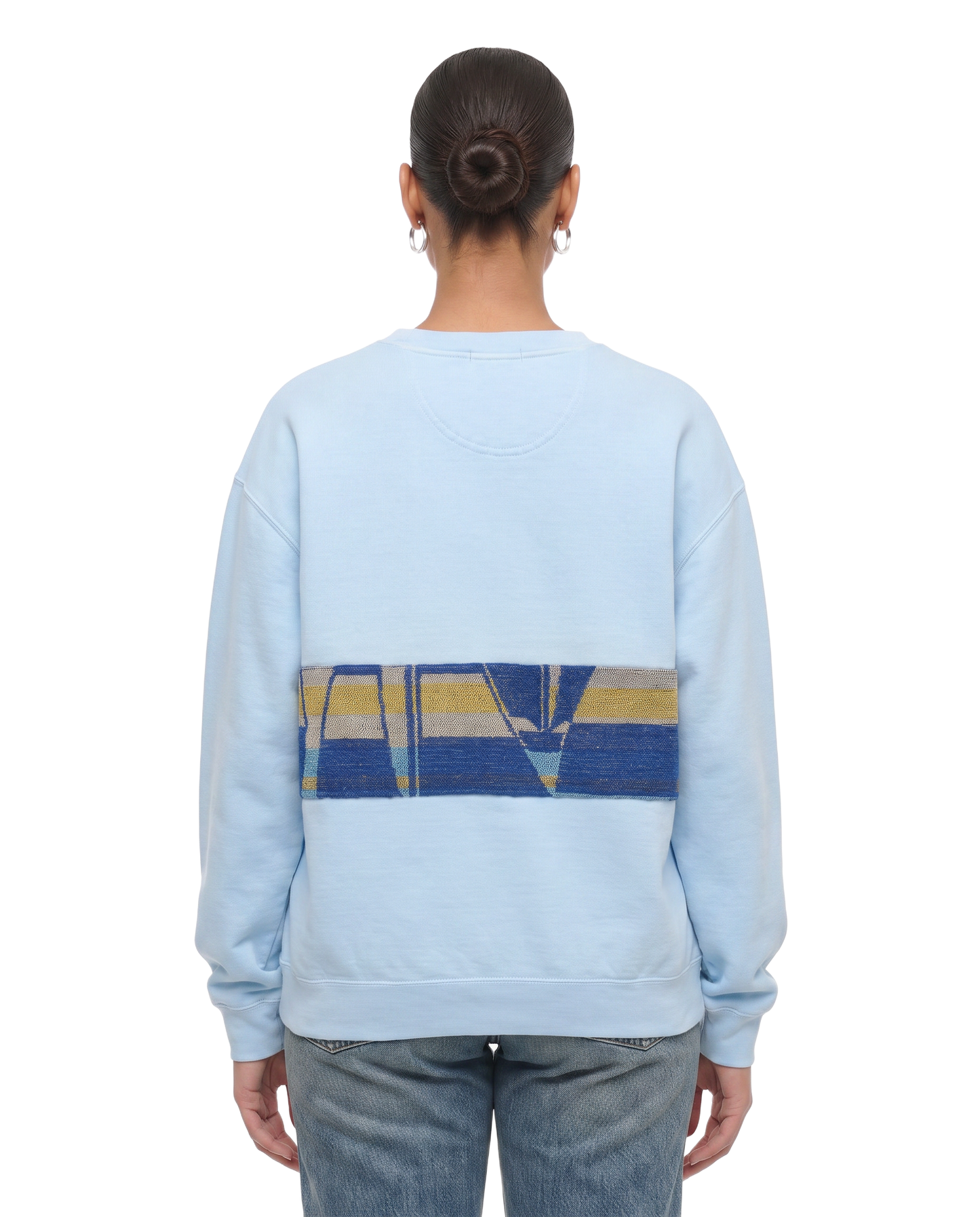 Large Aqua Sunset Chaser "Sailboat Sundown" — one-of-a-kind upcycled vintage beach towel sweatshirt, handmade by Kspek, view 3