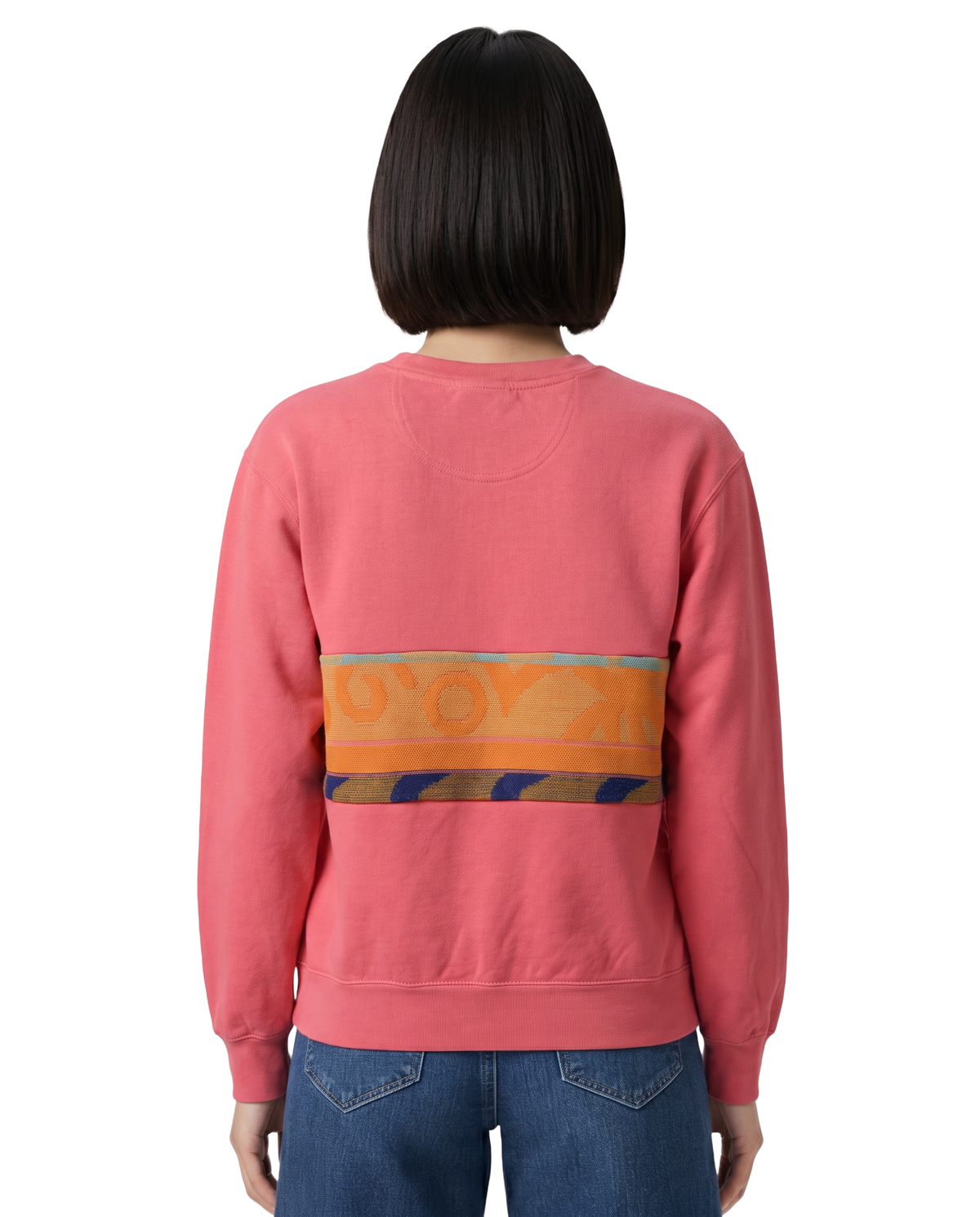 Small Watermelon Sunset Chaser "Orbital Sundial" — one-of-a-kind upcycled vintage beach towel sweatshirt, handmade by Kspek, view 3