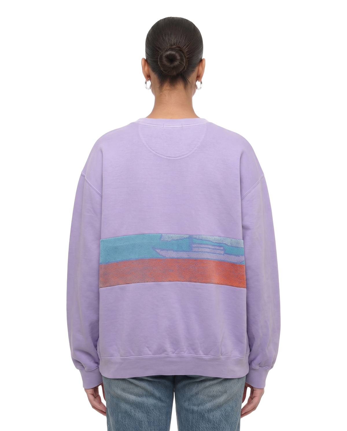 Large Lavender Sunset Chaser "Striped Ocean Drop" — one-of-a-kind upcycled vintage beach towel sweatshirt, handmade by Kspek, view 3