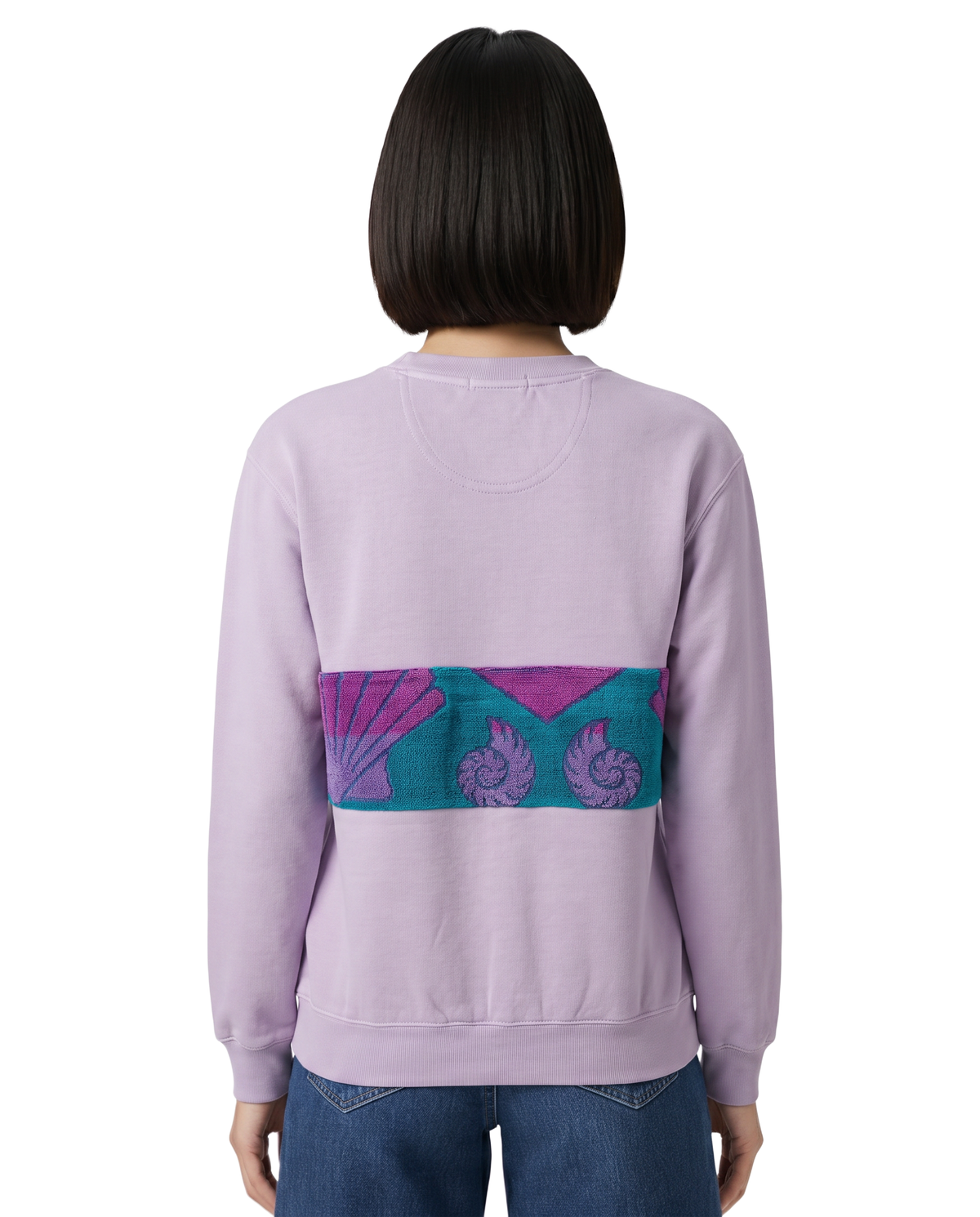 Small Lavender Sunset Chaser "Shell Sunscape" — one-of-a-kind upcycled vintage beach towel sweatshirt, handmade by Kspek, view 3