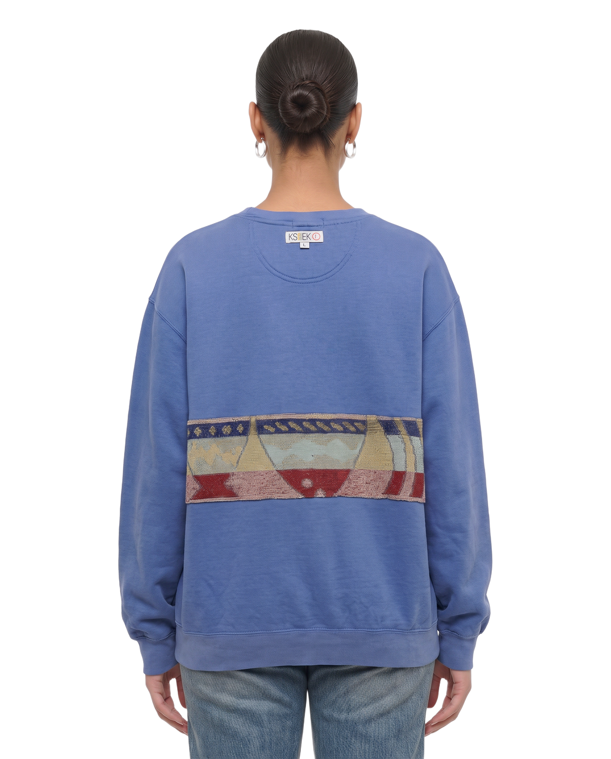 Large Dusty Blue Sunset Chaser "Fish Wish" — one-of-a-kind upcycled vintage beach towel sweatshirt, handmade by Kspek, view 3