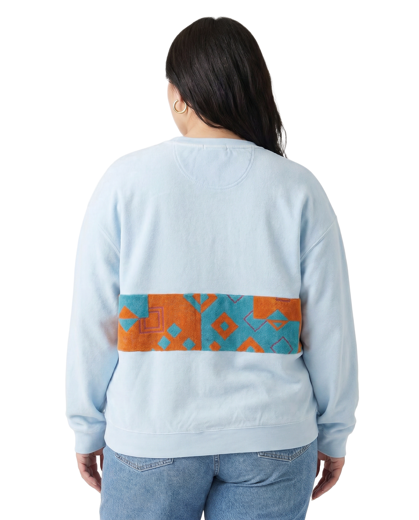 X-Large Aqua Sunset Chaser "Coastal Geometry" — one-of-a-kind upcycled vintage beach towel sweatshirt, handmade by Kspek, view 2