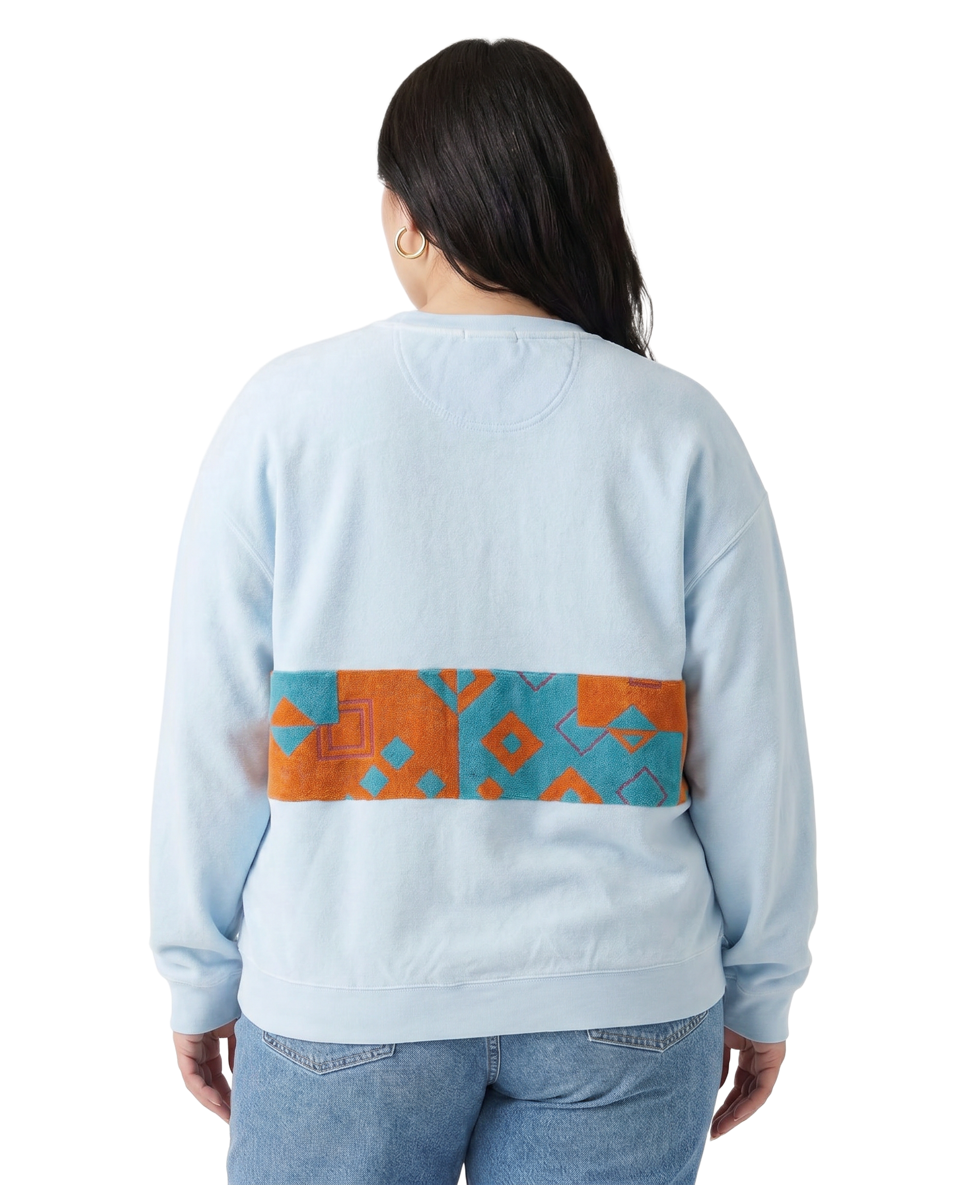 X-Large Aqua Sunset Chaser "Coastal Geometry" — one-of-a-kind upcycled vintage beach towel sweatshirt, handmade by Kspek, view 2