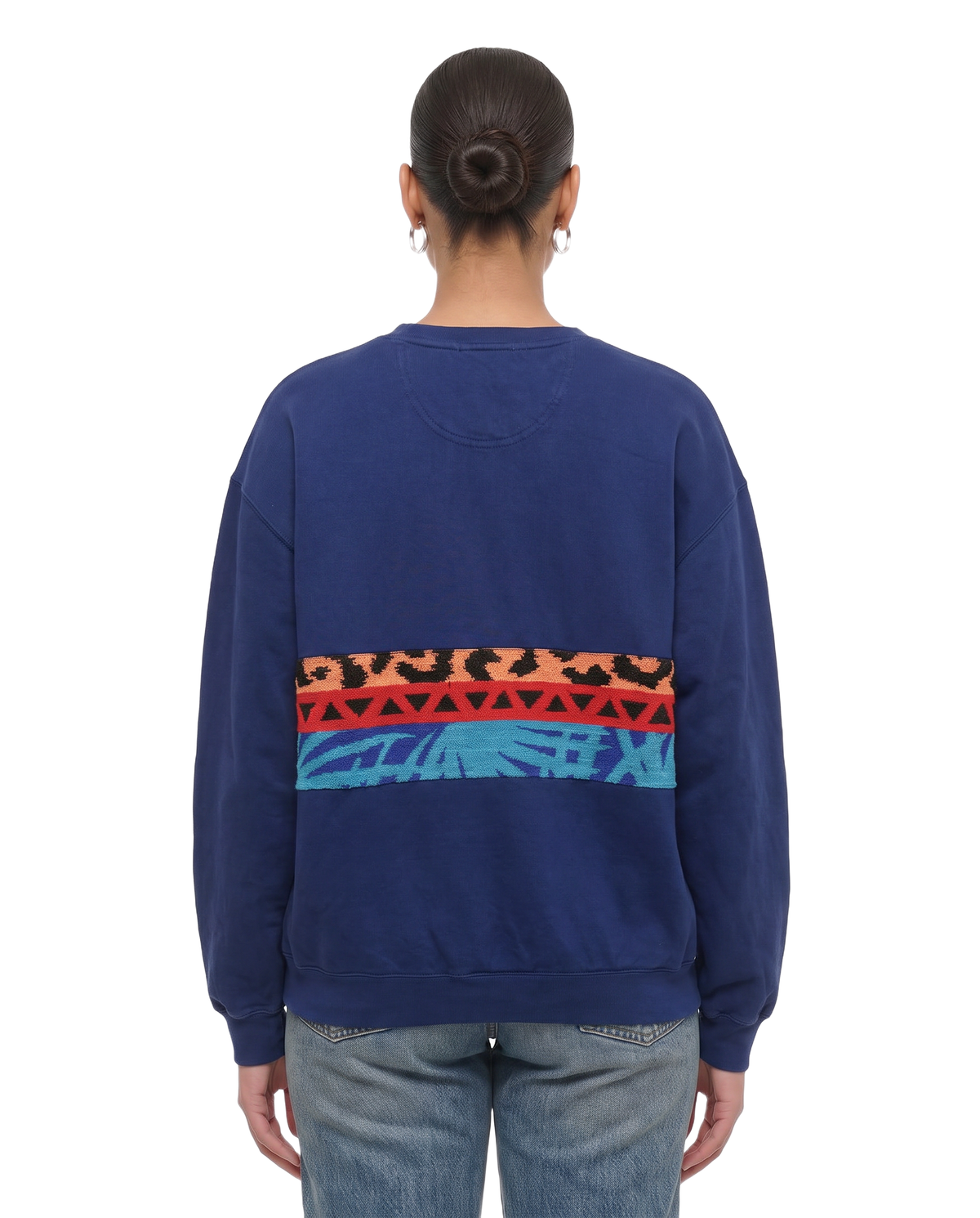 Large Navy Sunset Chaser "Leopard Sunbeam" — one-of-a-kind upcycled vintage beach towel sweatshirt, handmade by Kspek, view 3