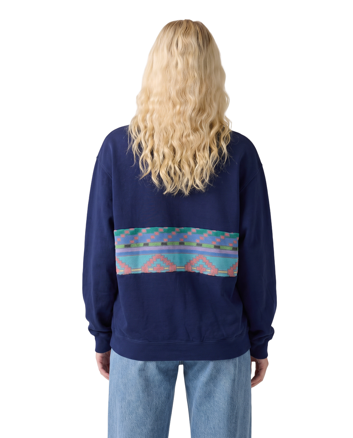 Medium Navy Sunset Chaser "Southwestern Sunrise" — one-of-a-kind upcycled vintage beach towel sweatshirt, handmade by Kspek, view 3