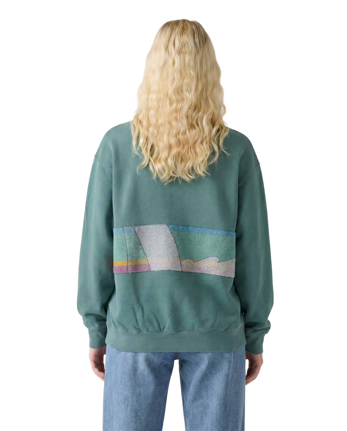Medium Light Jade Sunset Chaser "Vintage Horizon" — one-of-a-kind upcycled vintage beach towel sweatshirt, handmade by Kspek, view 2