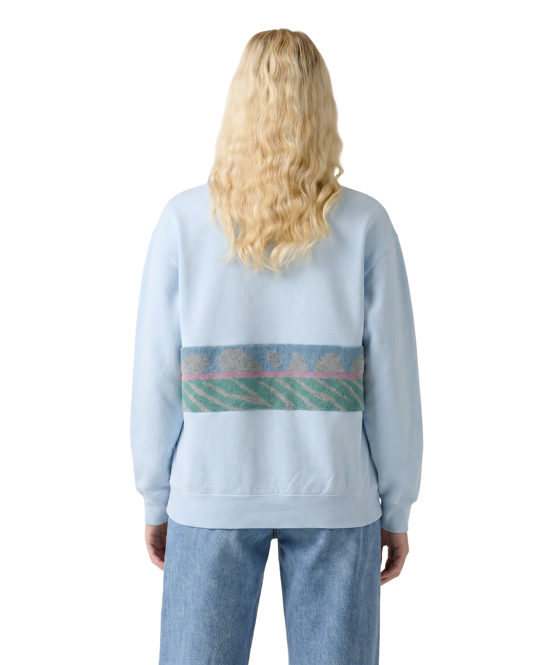Medium Aqua Sunset Chaser "Coastal Bliss" — one-of-a-kind upcycled vintage beach towel sweatshirt, handmade by Kspek, view 2