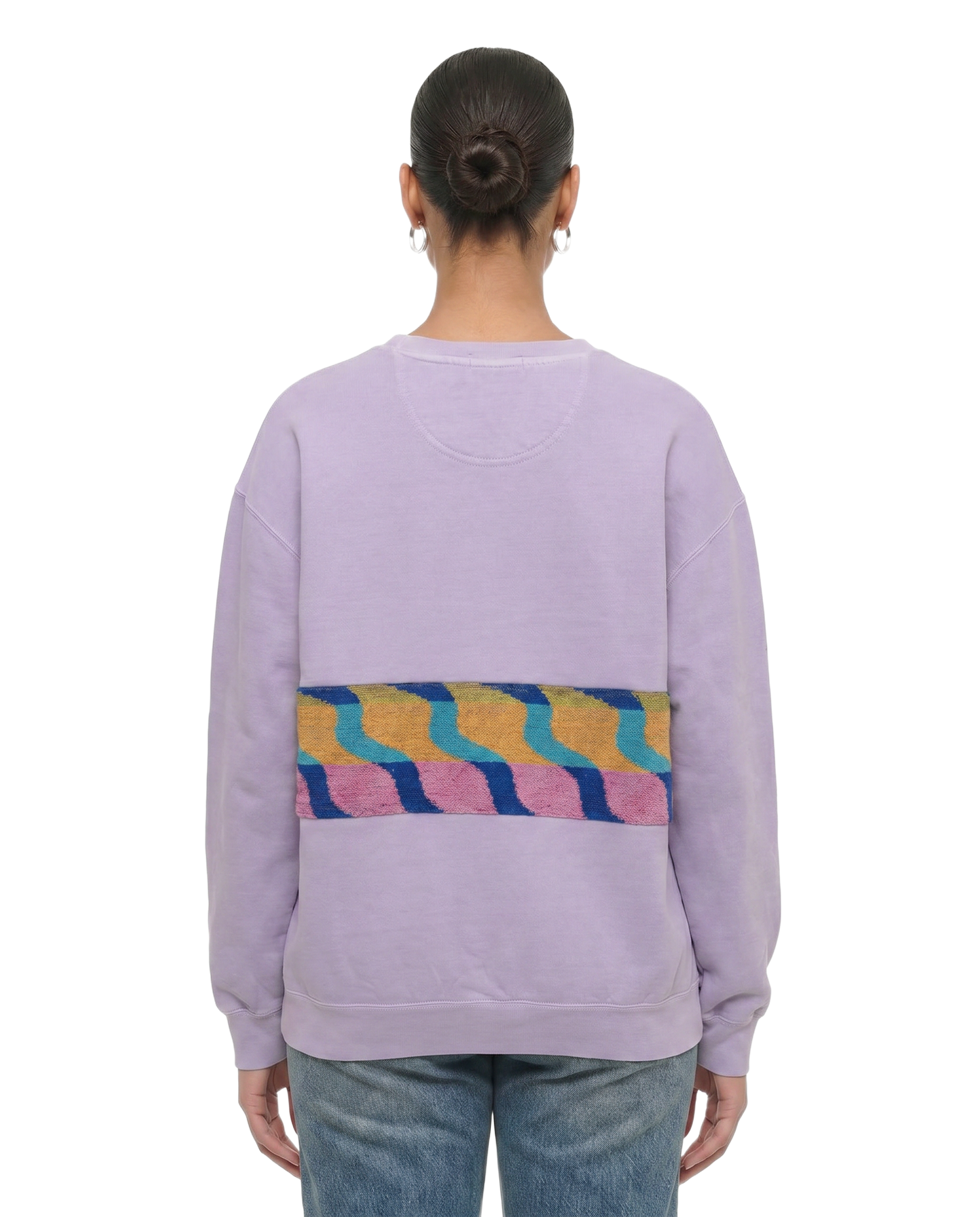 Large Lavender Sunset Chaser "Retro Wave" — one-of-a-kind upcycled vintage beach towel sweatshirt, handmade by Kspek, view 2