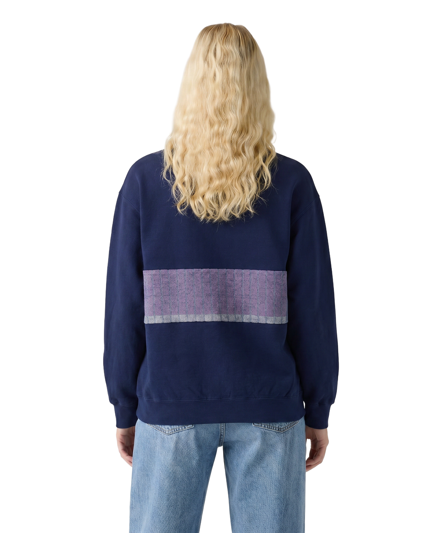 Medium Navy Sunset Chaser "Horizon Daze" — one-of-a-kind upcycled vintage beach towel sweatshirt, handmade by Kspek, view 2