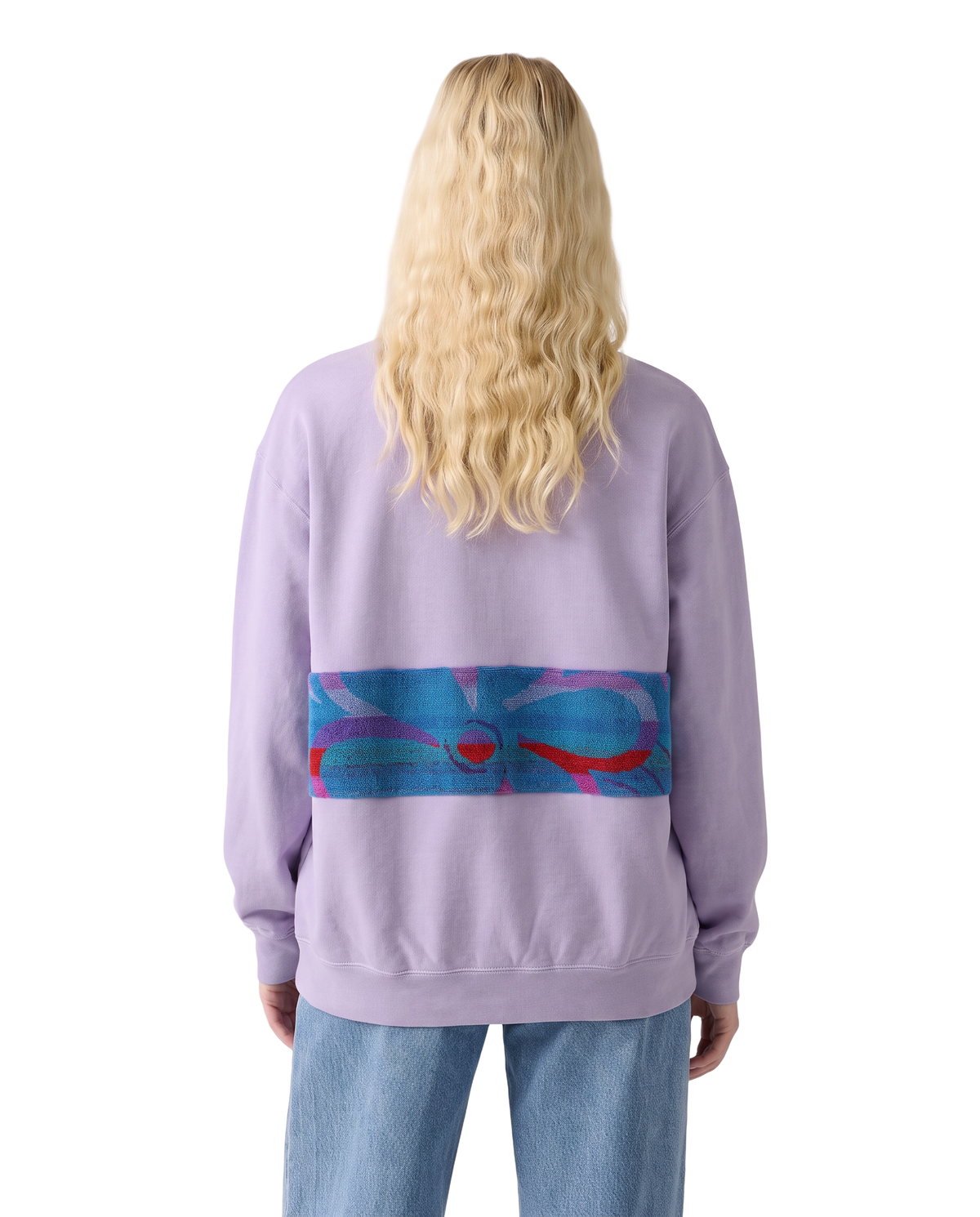 Medium Lavender Sunset Chaser "Crimson Eclipse" — one-of-a-kind upcycled vintage beach towel sweatshirt, handmade by Kspek, view 3