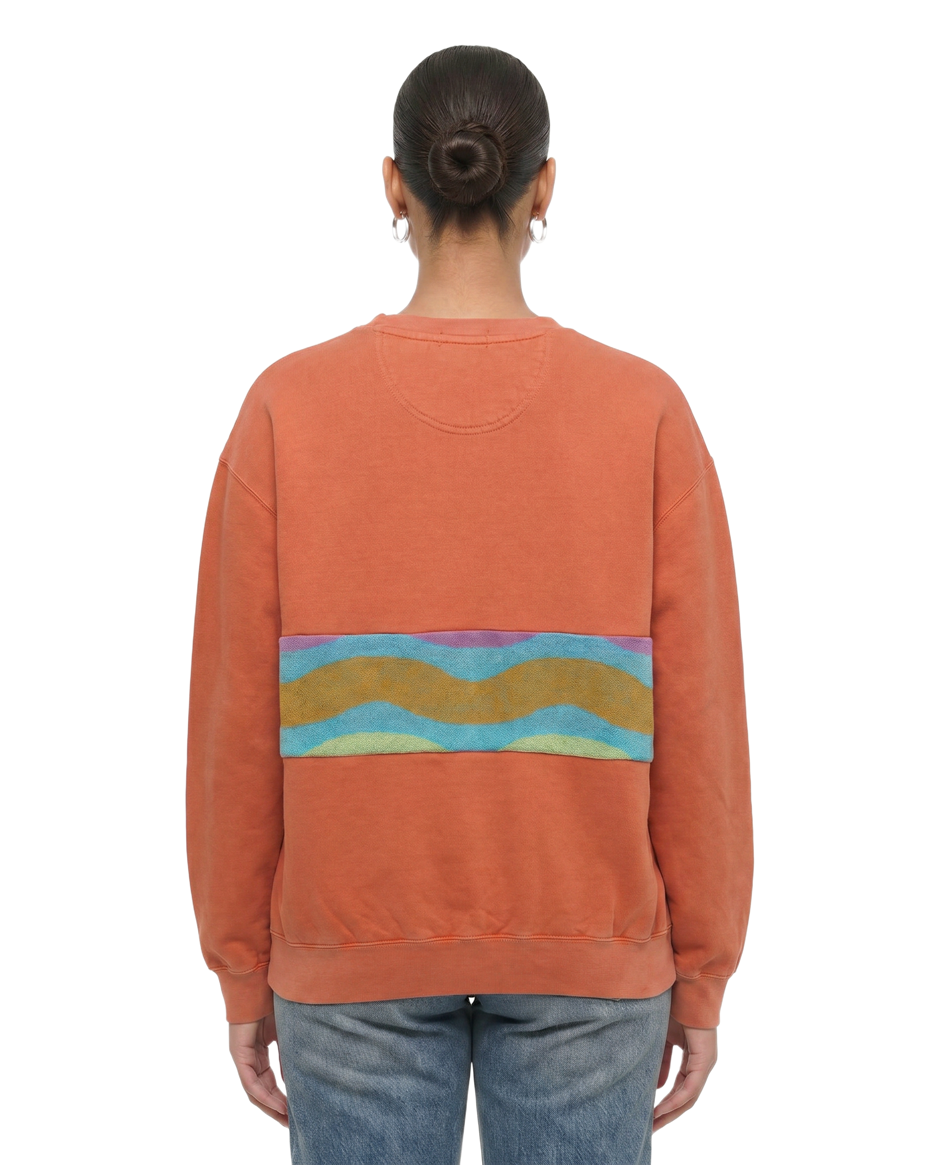 Large Terracotta Sunset Chaser "Wavy Daze" — one-of-a-kind upcycled vintage beach towel sweatshirt, handmade by Kspek, view 2