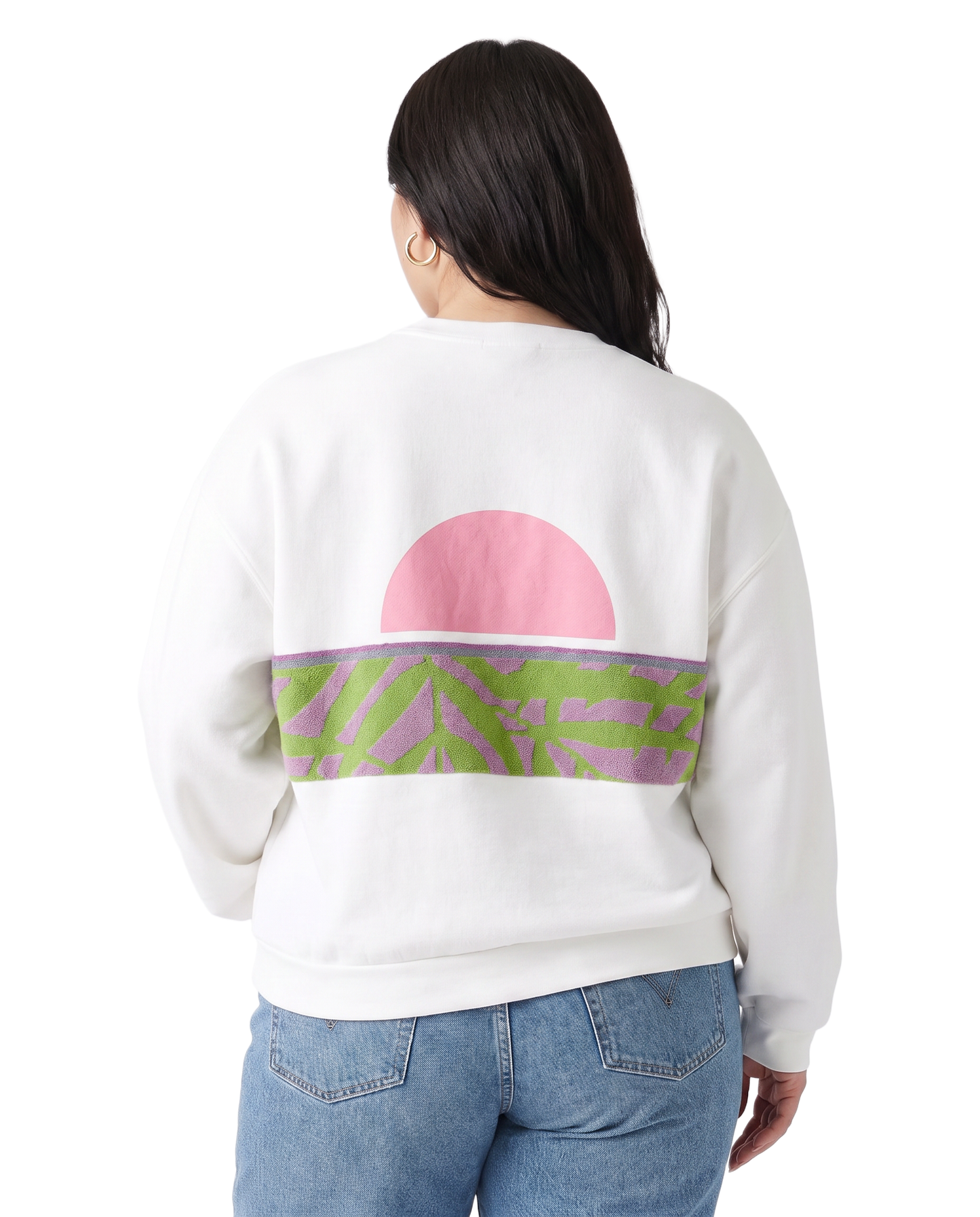 X-Large White Sunset Chaser "Tropical Sunrise" — one-of-a-kind upcycled vintage beach towel sweatshirt, handmade by Kspek, view 3