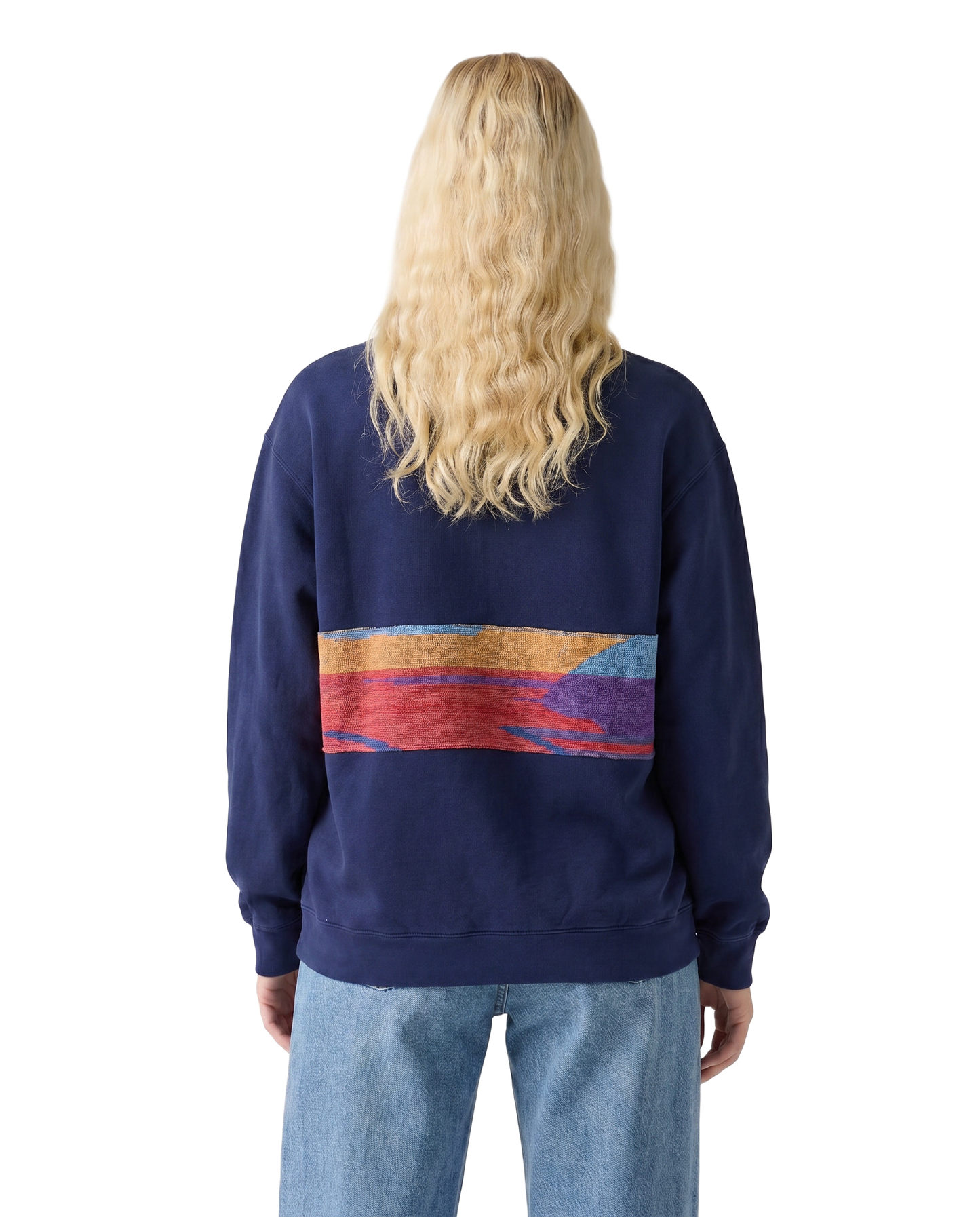 Medium Navy Sunset Chaser "Horizon Groove" — one-of-a-kind upcycled vintage beach towel sweatshirt, handmade by Kspek, view 2