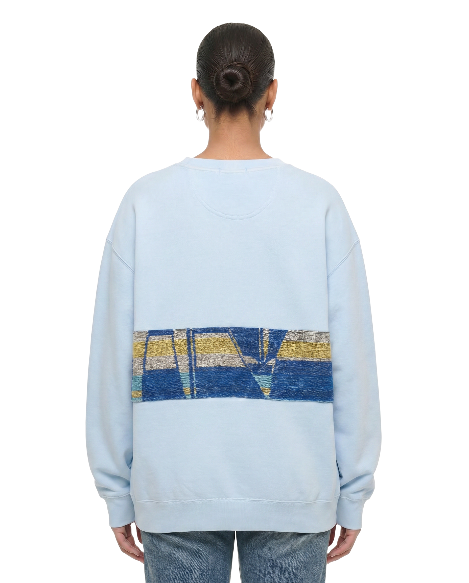 Large Aqua Sunset Chaser "Tide Traveler" — one-of-a-kind upcycled vintage beach towel sweatshirt, handmade by Kspek, view 2