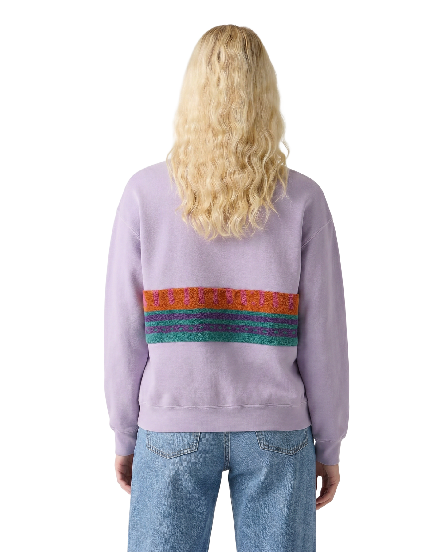 Medium Lavender Sunset Chaser "Retro Shoreline" — one-of-a-kind upcycled vintage beach towel sweatshirt, handmade by Kspek, view 2