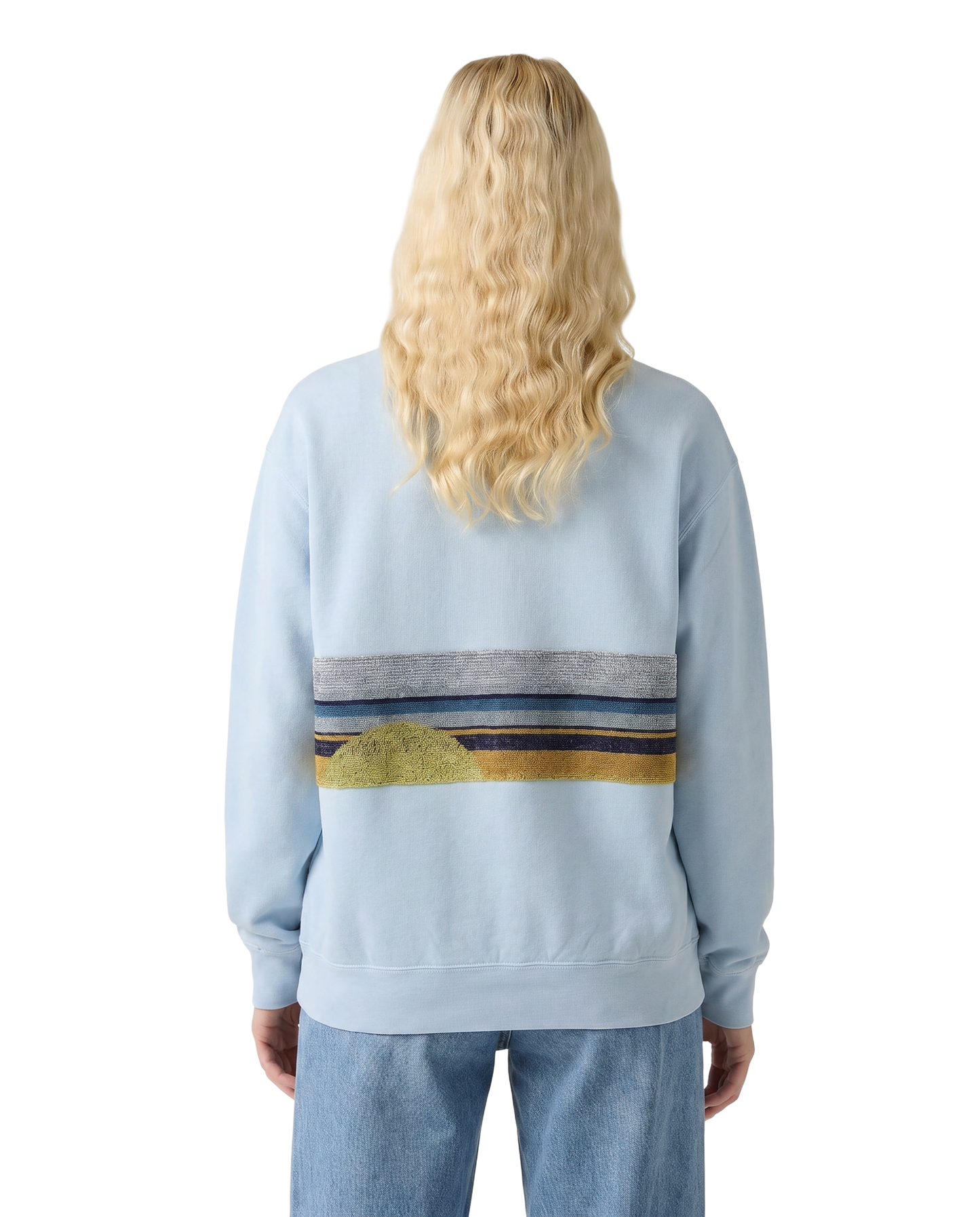 Medium Aqua Sunset Chaser "Surf Town" — one-of-a-kind upcycled vintage beach towel sweatshirt, handmade by Kspek, view 2