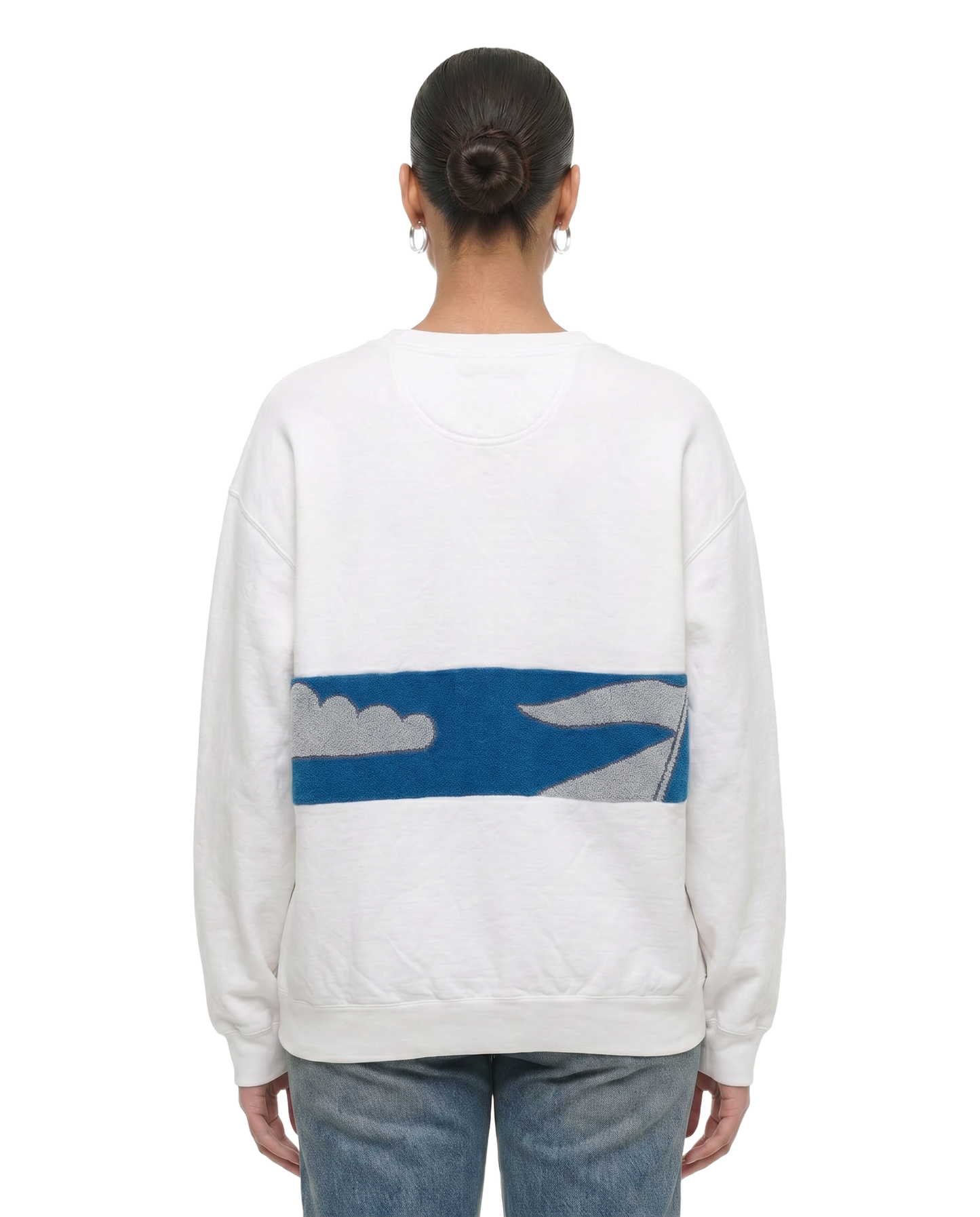 Large White Sunset Chaser "Coastal Horizon" — one-of-a-kind upcycled vintage beach towel sweatshirt, handmade by Kspek, view 2
