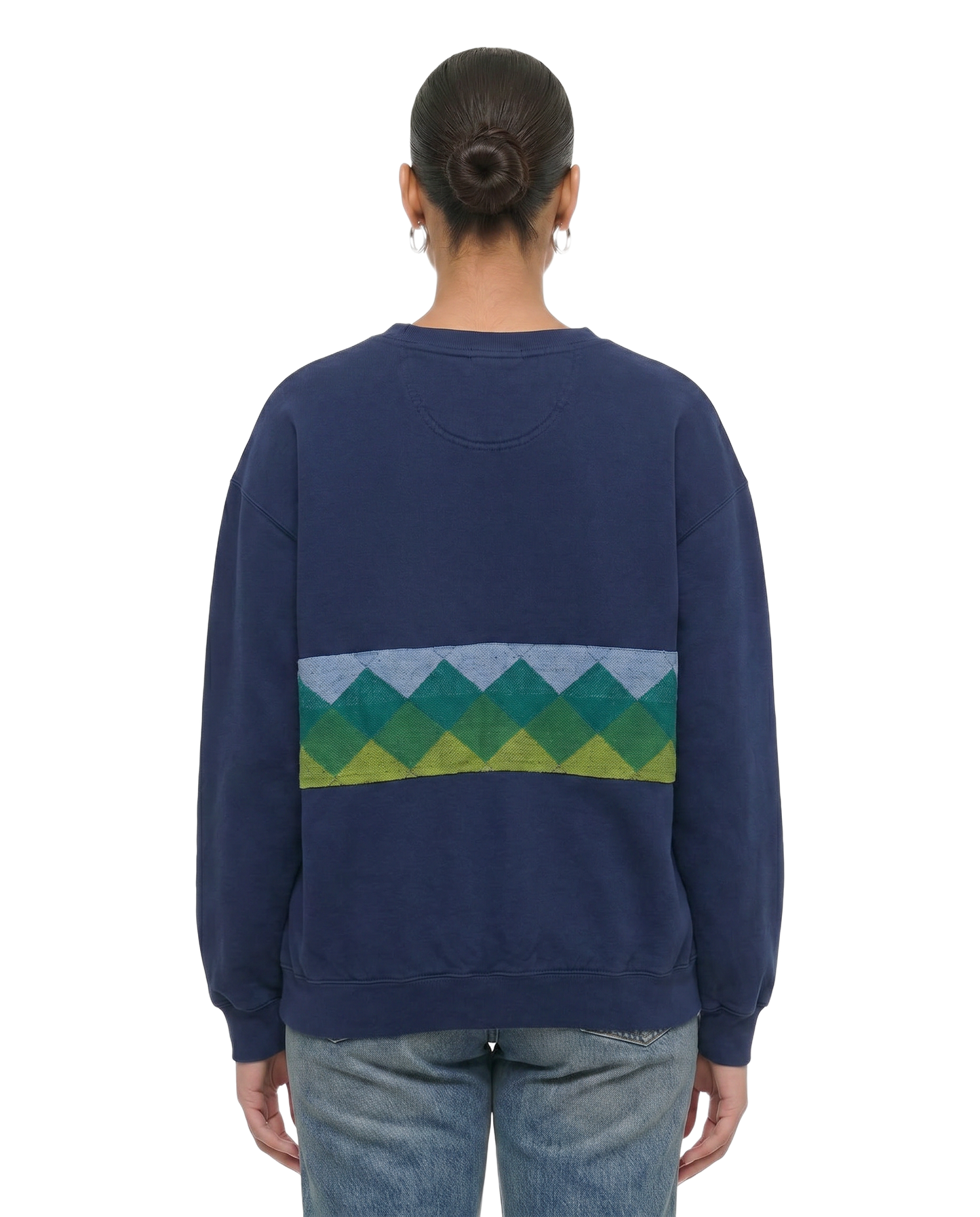 Large Navy Sunset Chaser "Golden Horizon" — one-of-a-kind upcycled vintage beach towel sweatshirt, handmade by Kspek, view 2