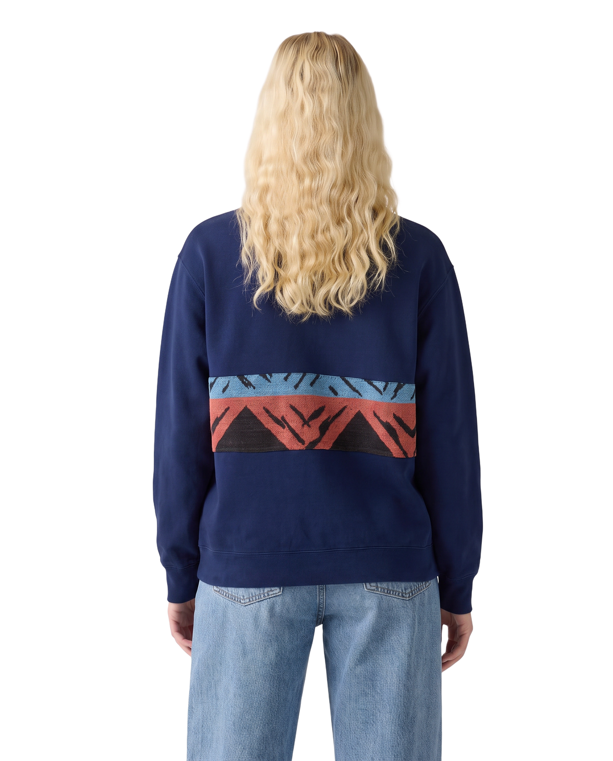 Medium Navy Sunset Chaser "Terra Sunscape" — one-of-a-kind upcycled vintage beach towel sweatshirt, handmade by Kspek, view 3