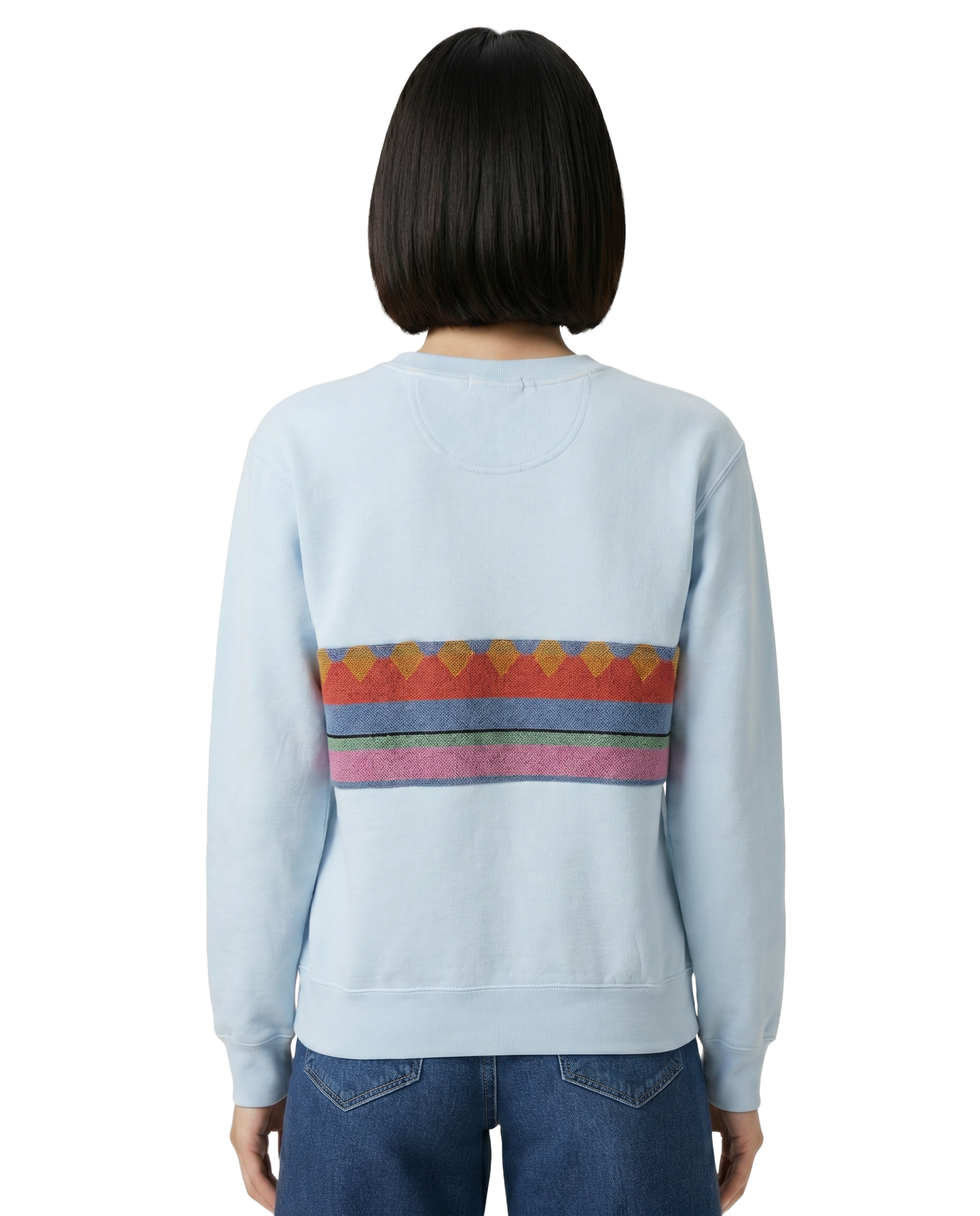 Small Aqua Sunset Chaser "Beachfront Bliss" — one-of-a-kind upcycled vintage beach towel sweatshirt, handmade by Kspek, view 2