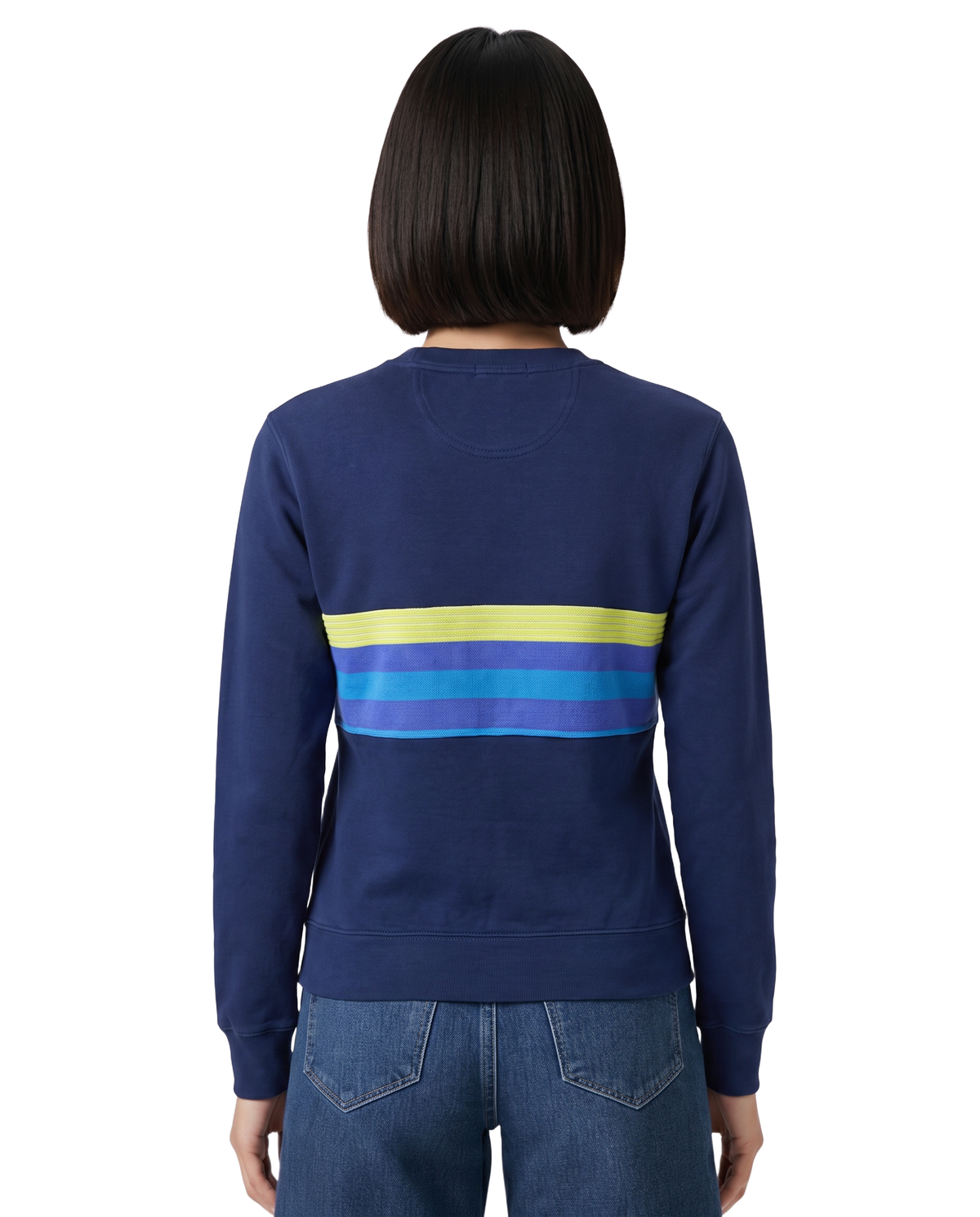 Small Navy Sunset Chaser "Neon Sundome" — one-of-a-kind upcycled vintage beach towel sweatshirt, handmade by Kspek, view 3