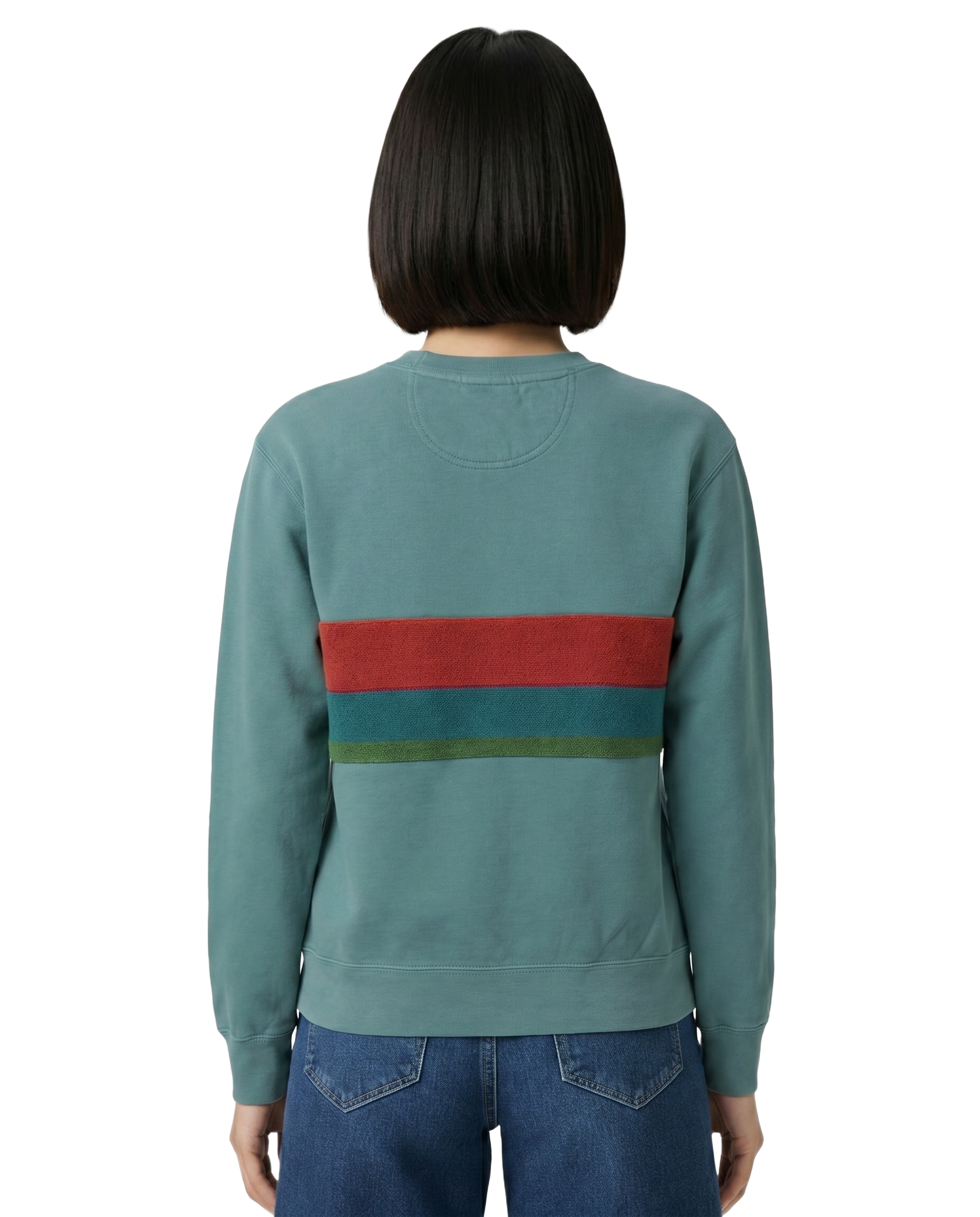 Small Light Jade Sunset Chaser "Vibrant Vibes" — one-of-a-kind upcycled vintage beach towel sweatshirt, handmade by Kspek, view 2
