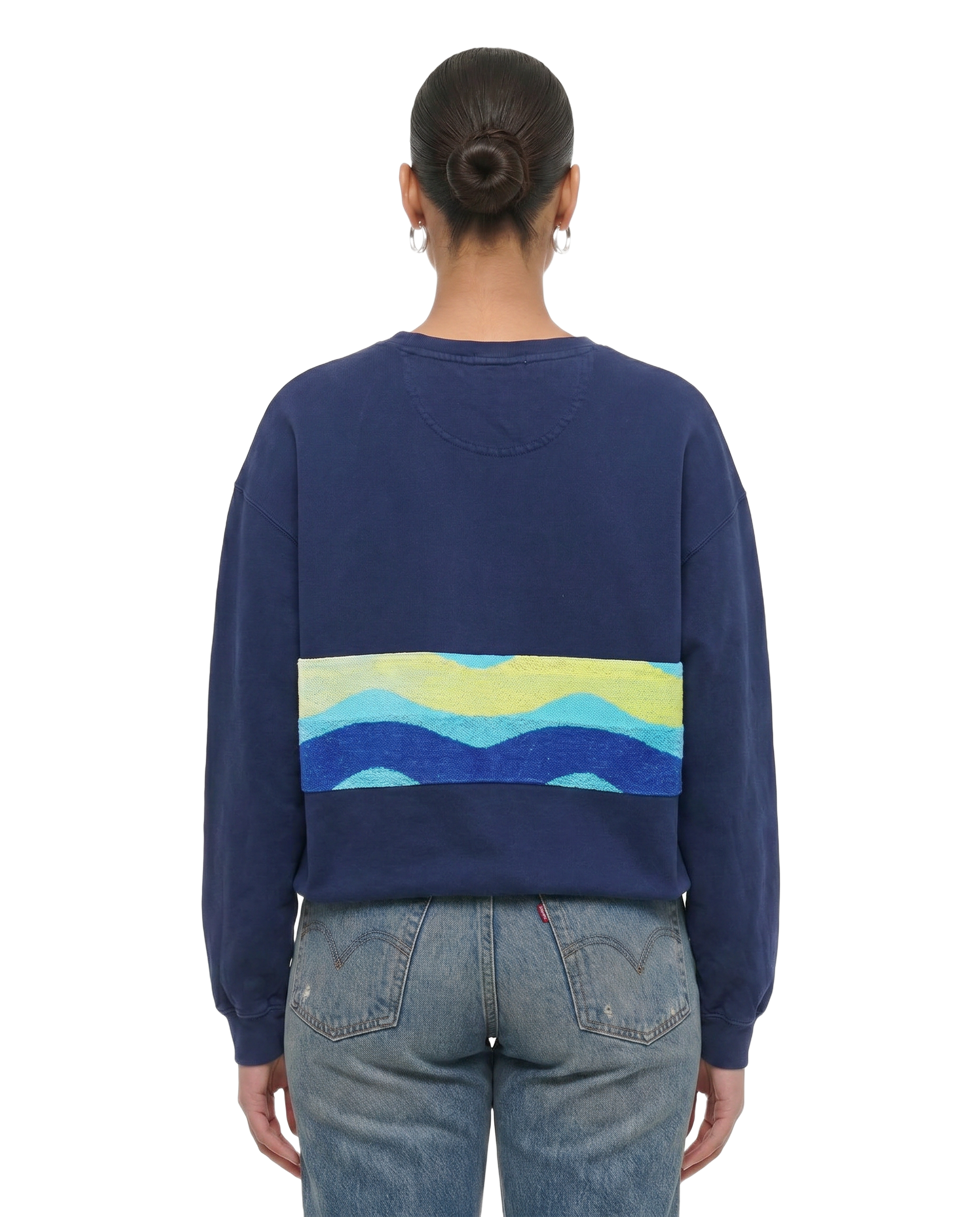 Large Navy Sunset Chaser "Ocean Horizon" — one-of-a-kind upcycled vintage beach towel sweatshirt, handmade by Kspek, view 2