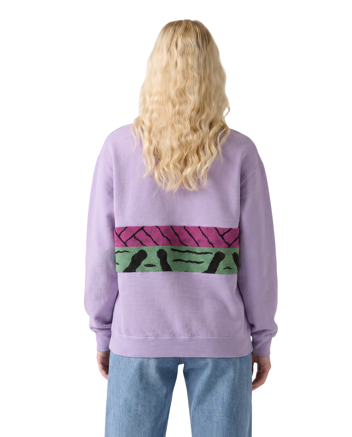 Medium Lavender Sunset Chaser "Savanna Sunrise" — one-of-a-kind upcycled vintage beach towel sweatshirt, handmade by Kspek, view 3