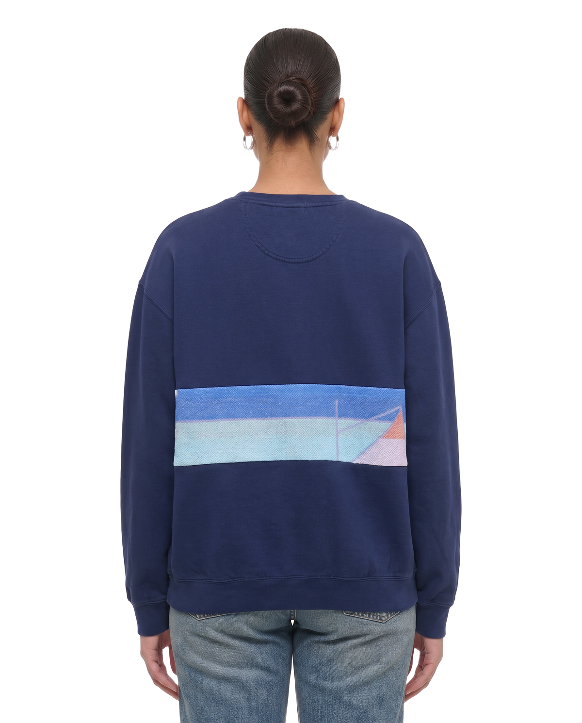 Large Navy Sunset Chaser "Pink Sail Silhouette" — one-of-a-kind upcycled vintage beach towel sweatshirt, handmade by Kspek, view 3
