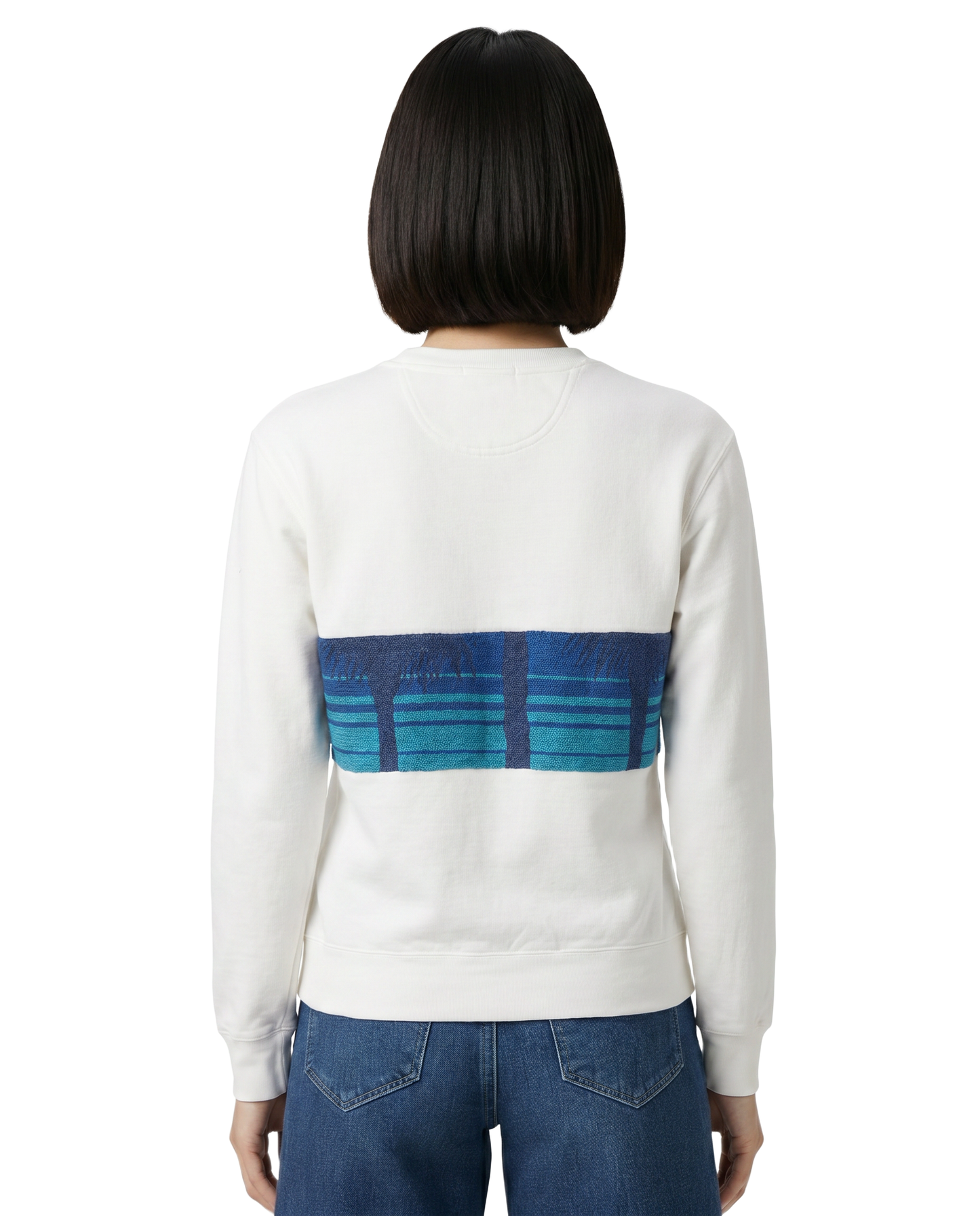 Small White Sunset Chaser "Coastal Dreaming" — one-of-a-kind upcycled vintage beach towel sweatshirt, handmade by Kspek, view 2