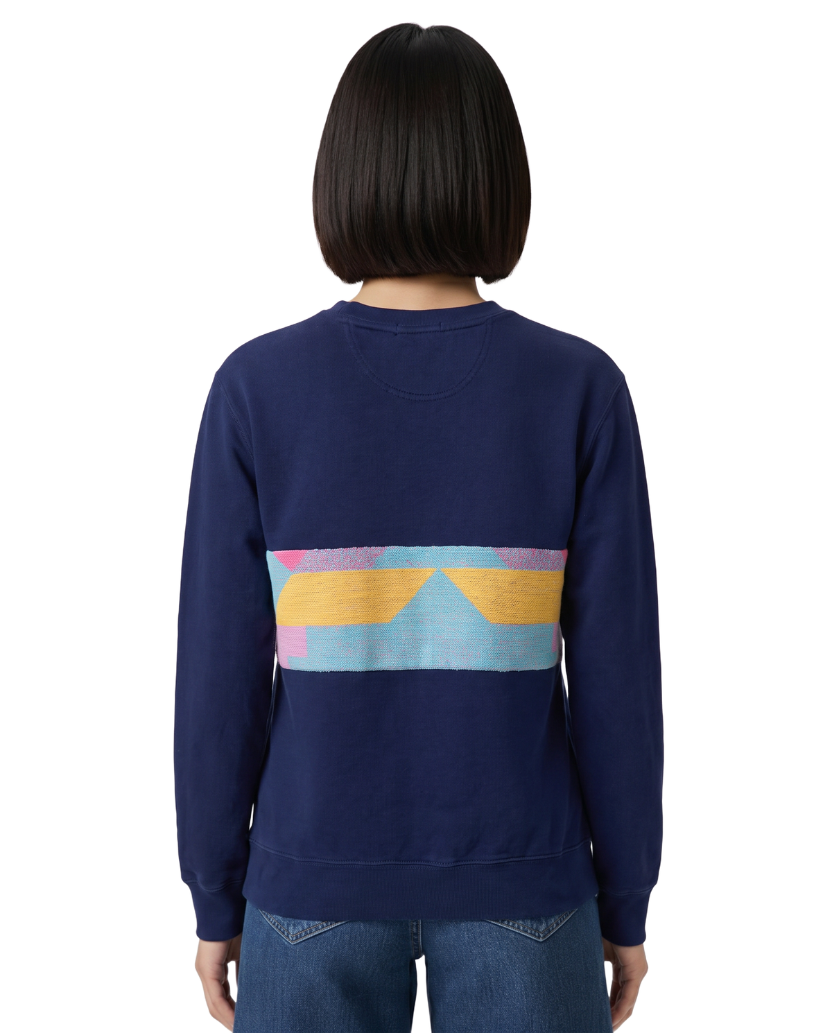 Small Navy Sunset Chaser "Canyon Sunset Arch" — one-of-a-kind upcycled vintage beach towel sweatshirt, handmade by Kspek, view 3