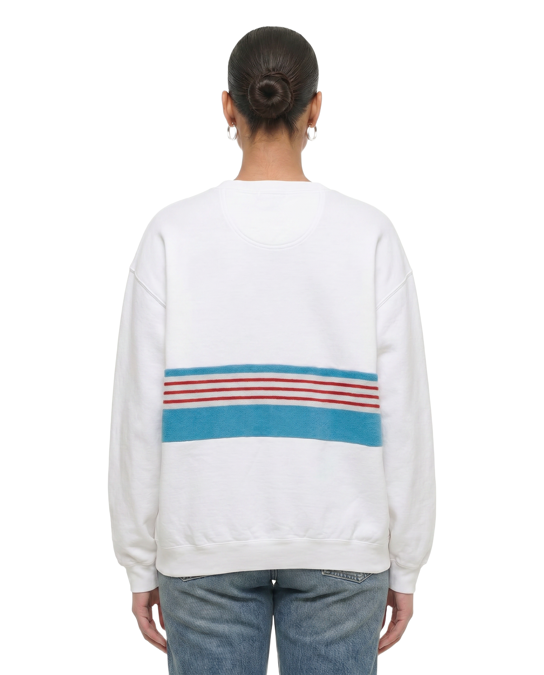 Large White Sunset Chaser "Coastal Sunrise" — one-of-a-kind upcycled vintage beach towel sweatshirt, handmade by Kspek, view 2