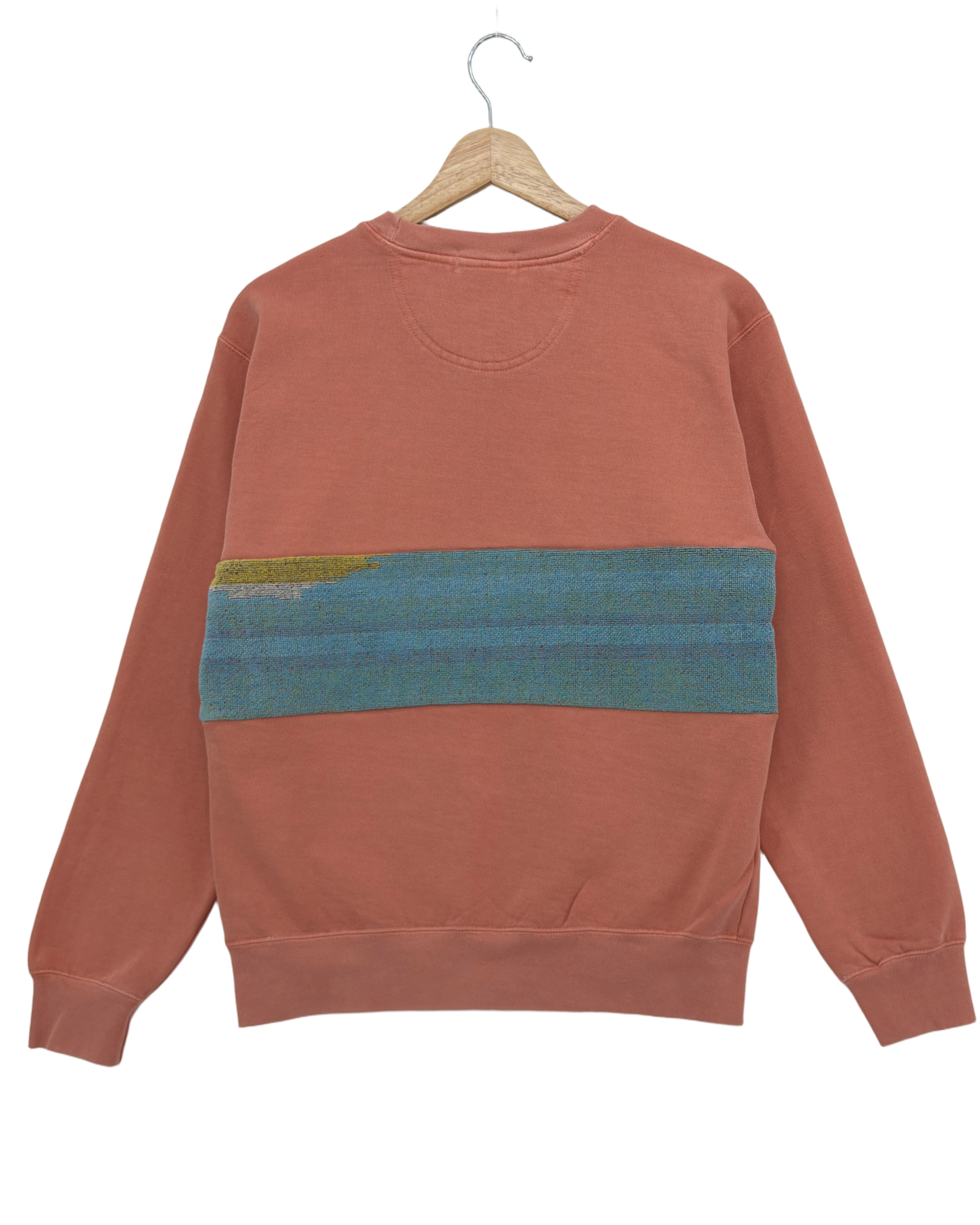 Small Terracotta Sunset Chaser "Retro Horizon" — one-of-a-kind upcycled vintage beach towel sweatshirt, handmade by Kspek, view 2