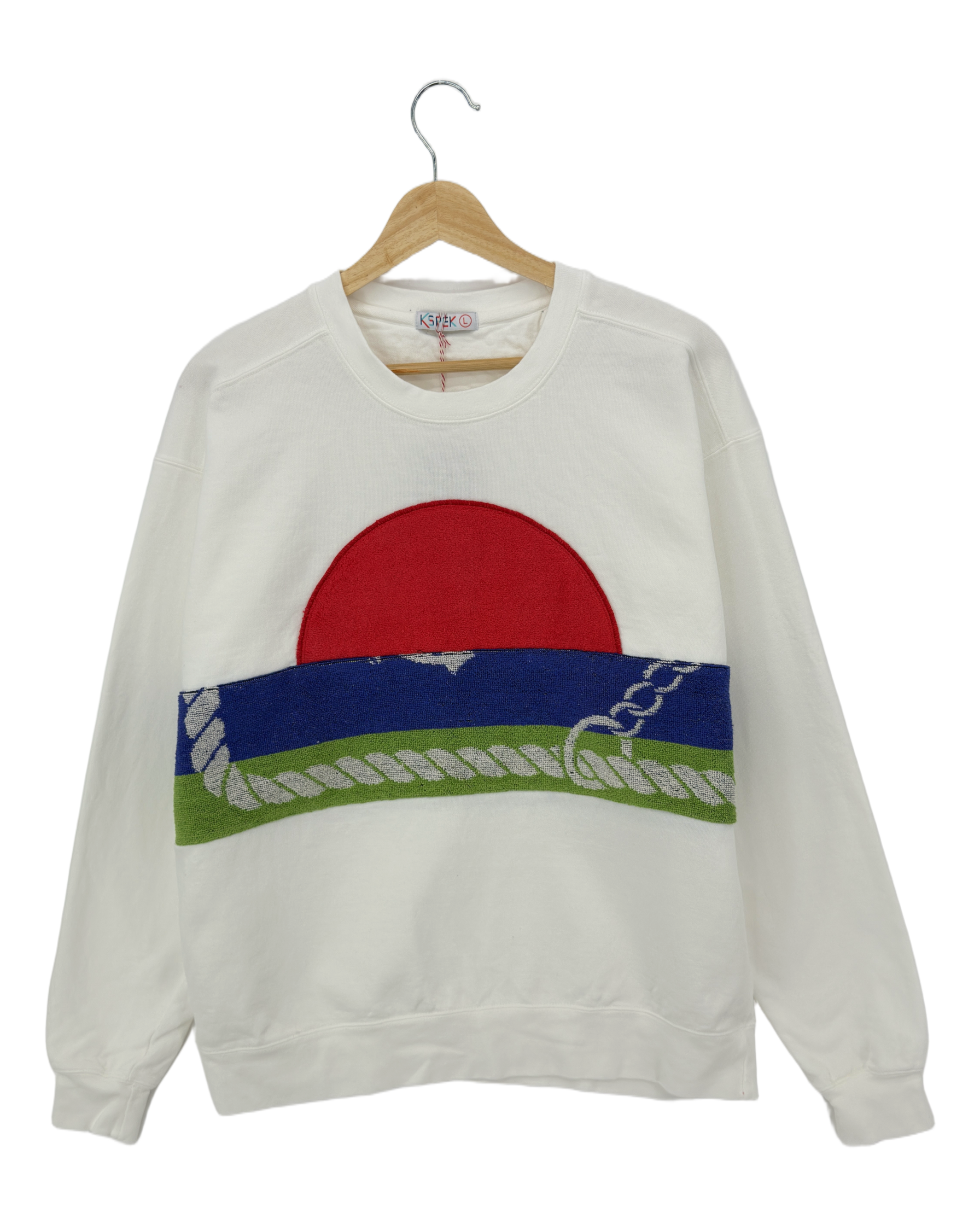 Large White Sunset Chaser "Seaside Sway" — one-of-a-kind upcycled vintage beach towel sweatshirt, handmade by Kspek, view 4