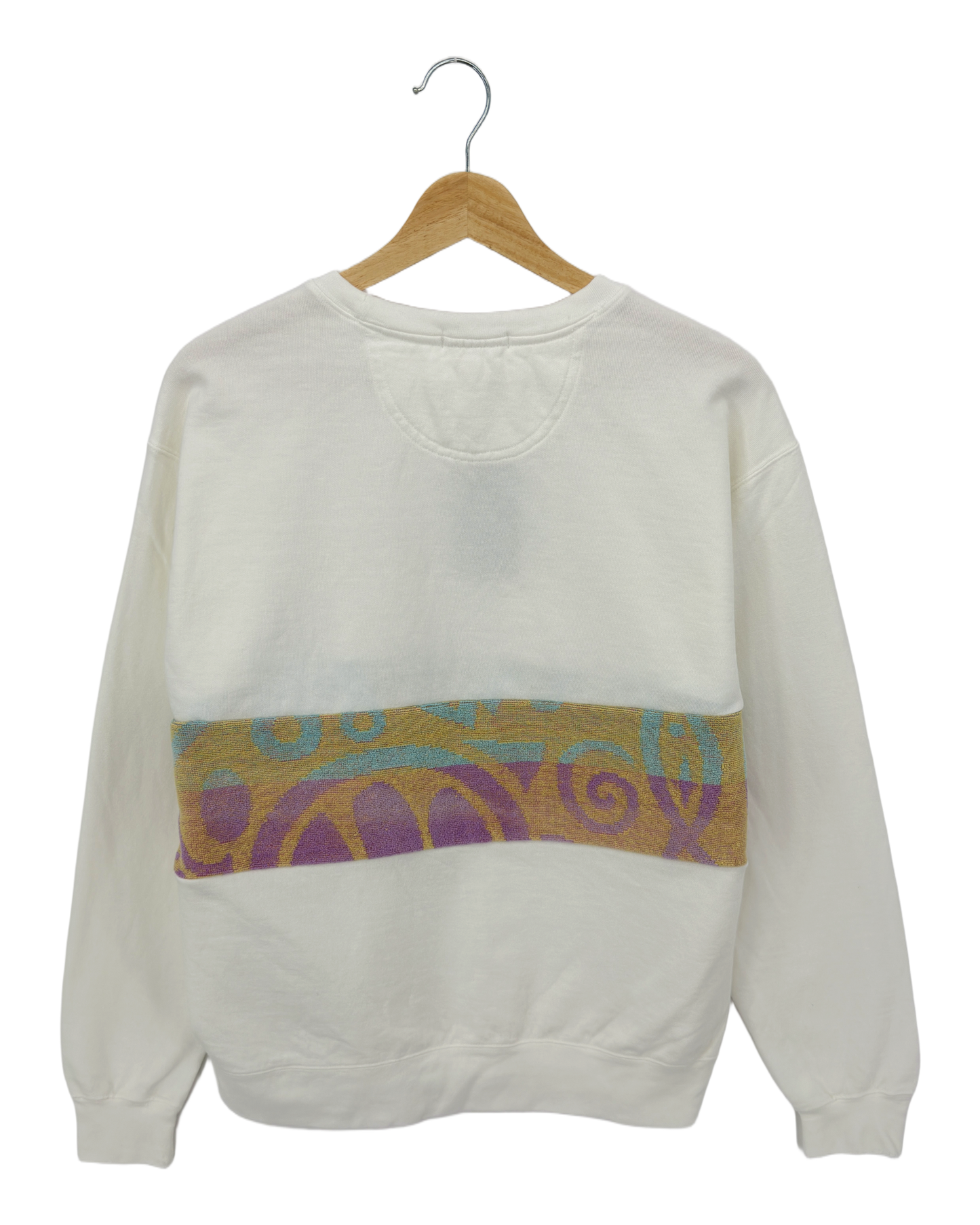 Medium White Sunset Chaser "Coastal Echo" — one-of-a-kind upcycled vintage beach towel sweatshirt, handmade by Kspek, view 4