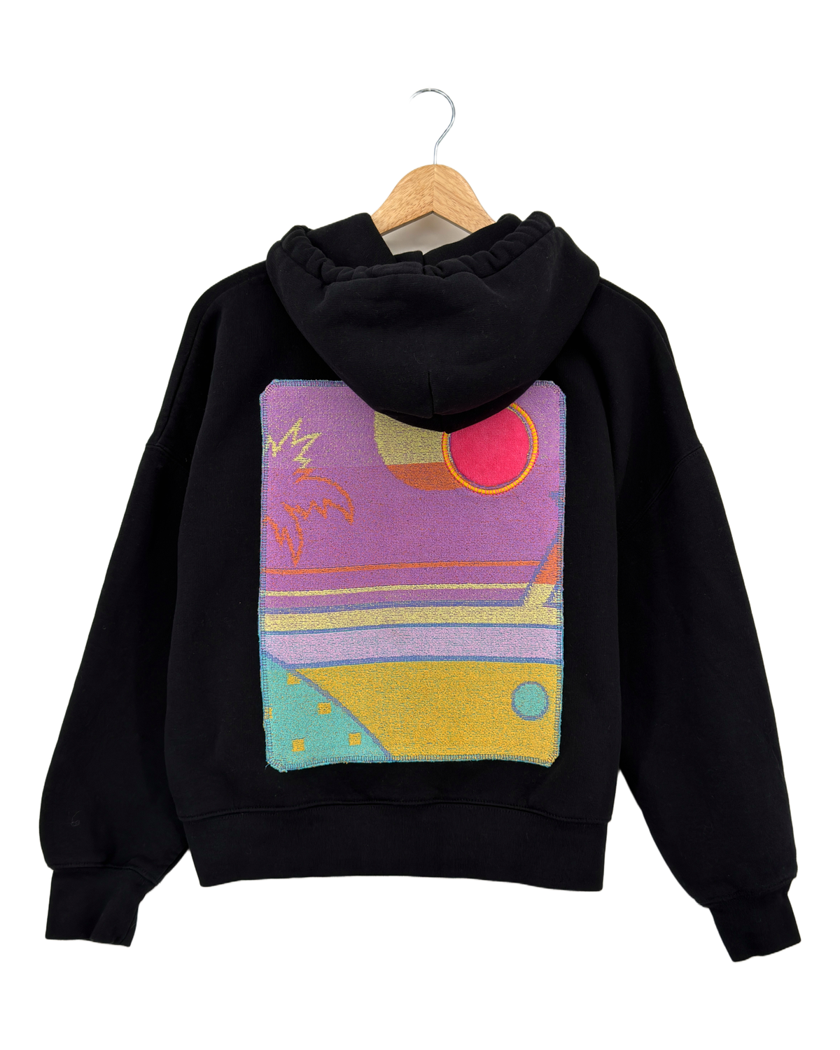 Small Black Making a Scene Zip Up Hoodie — one-of-a-kind upcycled vintage beach towel piece, handmade by Kspek