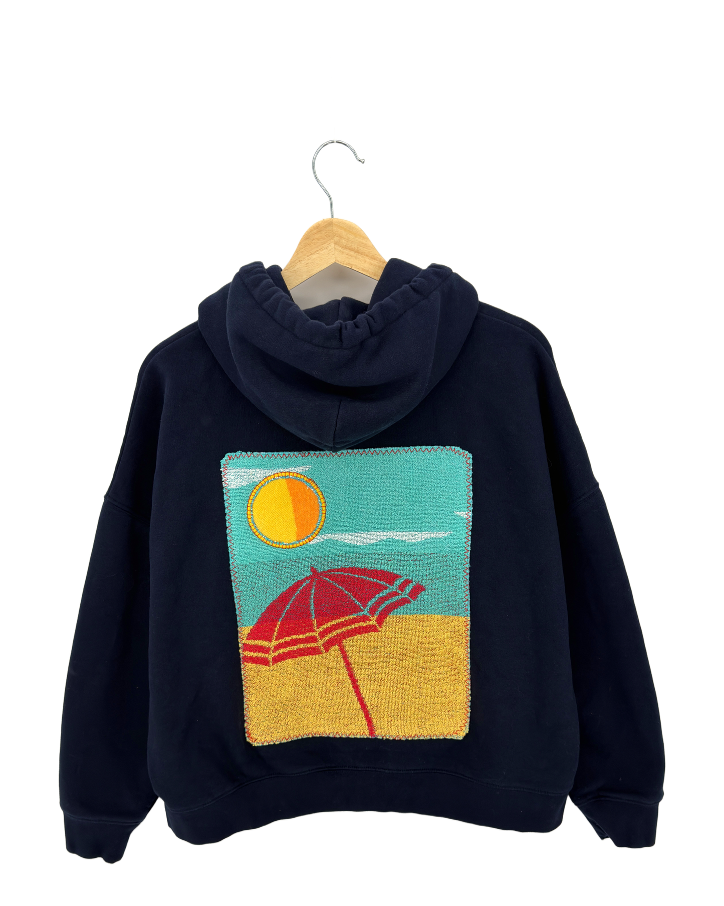 Large Navy Making a Scene Zip Up Hoodie — one-of-a-kind upcycled vintage beach towel piece, handmade by Kspek