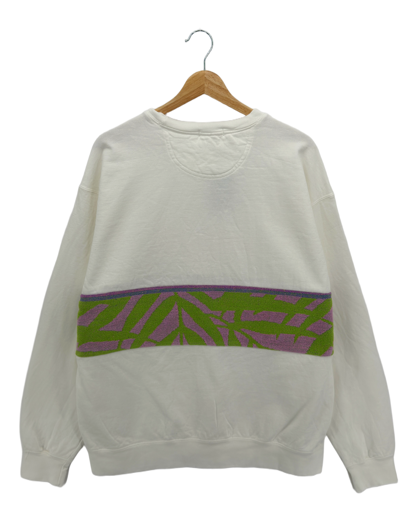 X-Large White Sunset Chaser "Tropical Sunrise" — one-of-a-kind upcycled vintage beach towel sweatshirt, handmade by Kspek, view 5