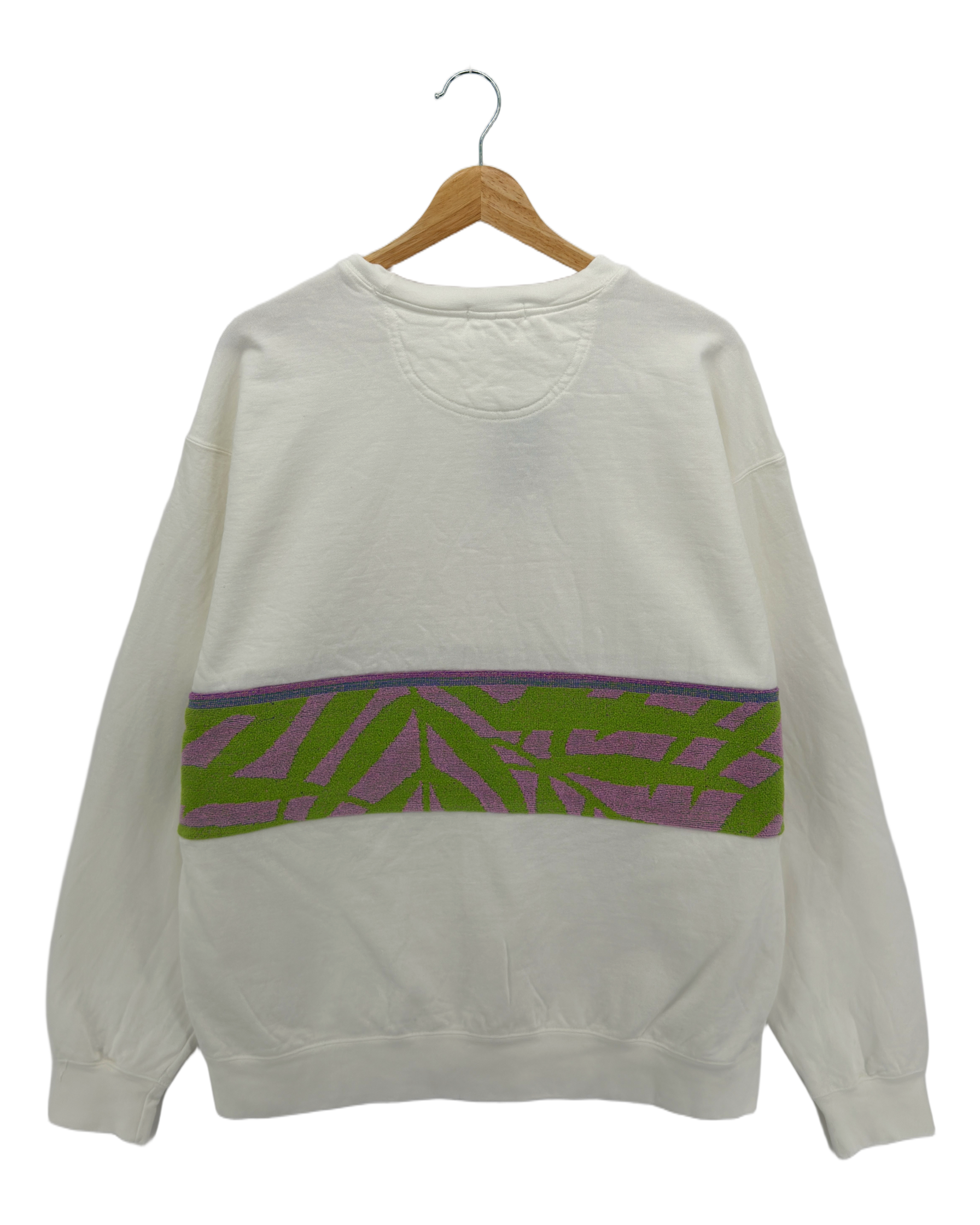 X-Large White Sunset Chaser "Tropical Sunrise" — one-of-a-kind upcycled vintage beach towel sweatshirt, handmade by Kspek, view 5
