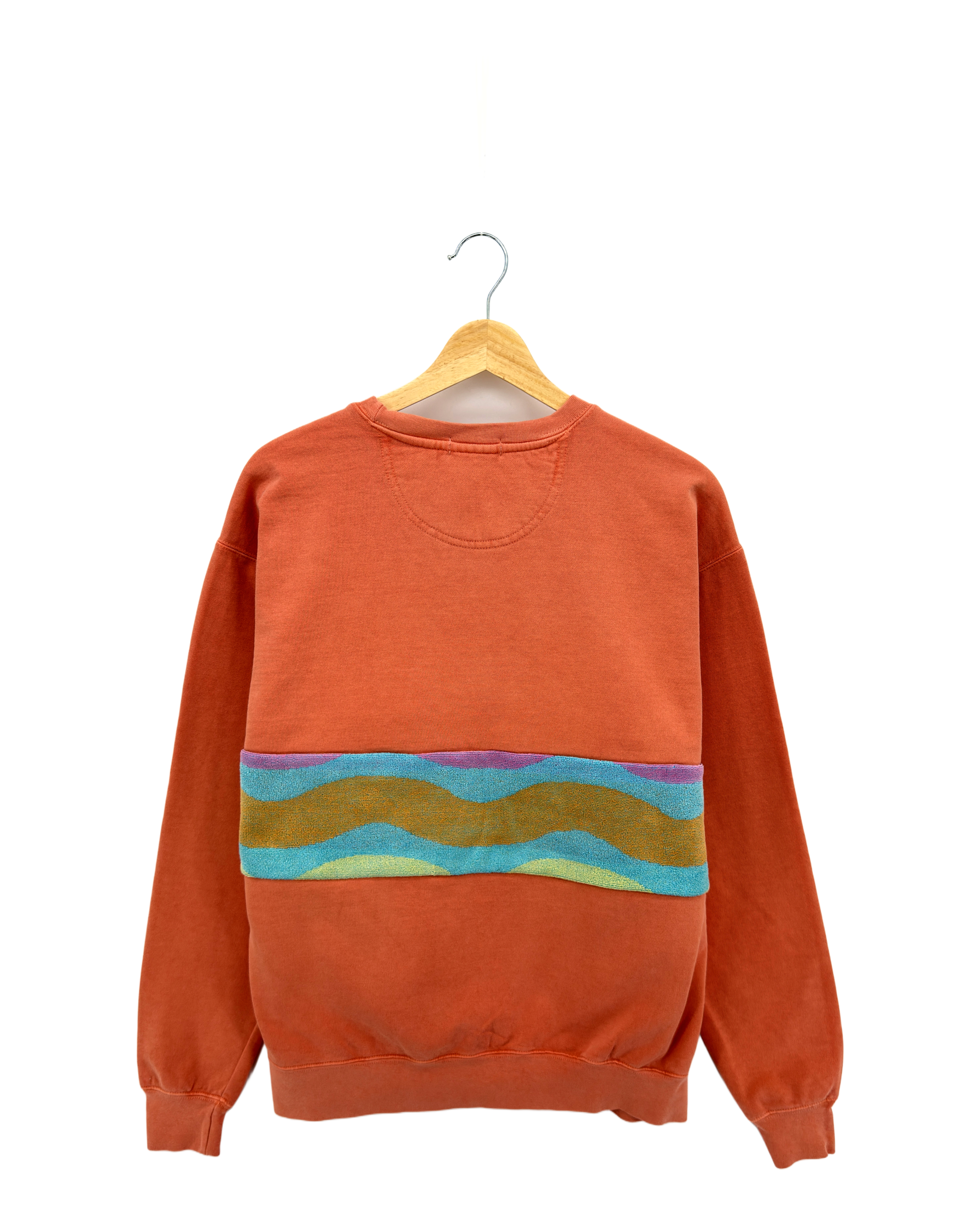 Large Terracotta Sunset Chaser "Wavy Daze" — one-of-a-kind upcycled vintage beach towel sweatshirt, handmade by Kspek, view 4