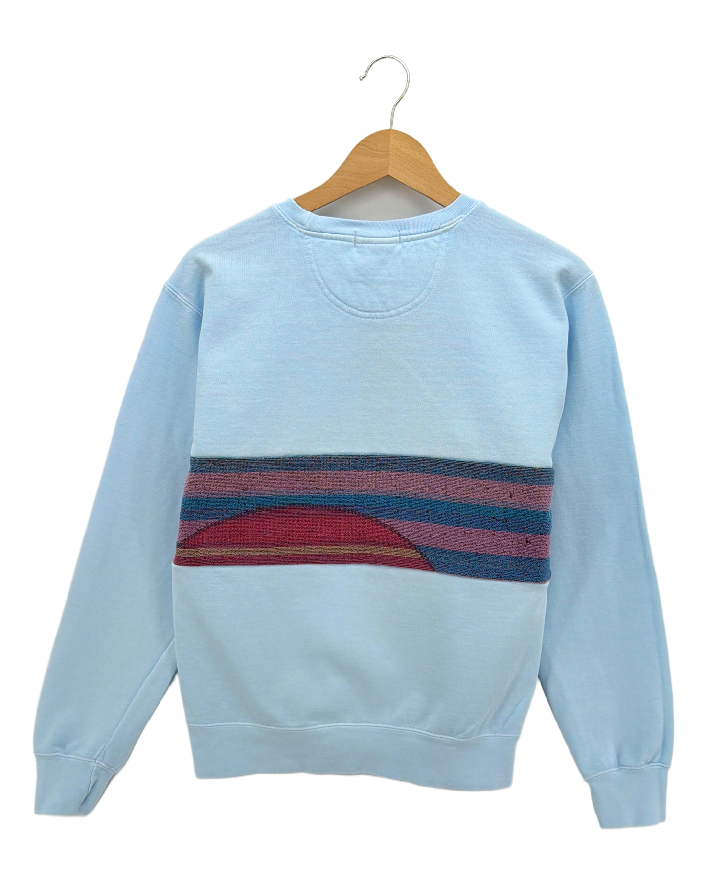 Small Aqua Sunset Chaser "Cosmic Sunrise" — one-of-a-kind upcycled vintage beach towel sweatshirt, handmade by Kspek, view 5