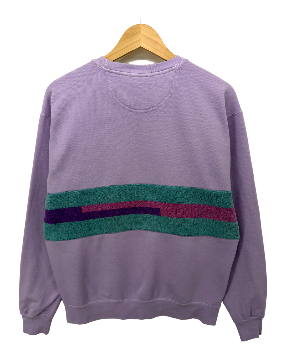 Medium Lavender Sunset Chaser "Crimson Horizon Bands" — one-of-a-kind upcycled vintage beach towel sweatshirt, handmade by Kspek, view 5
