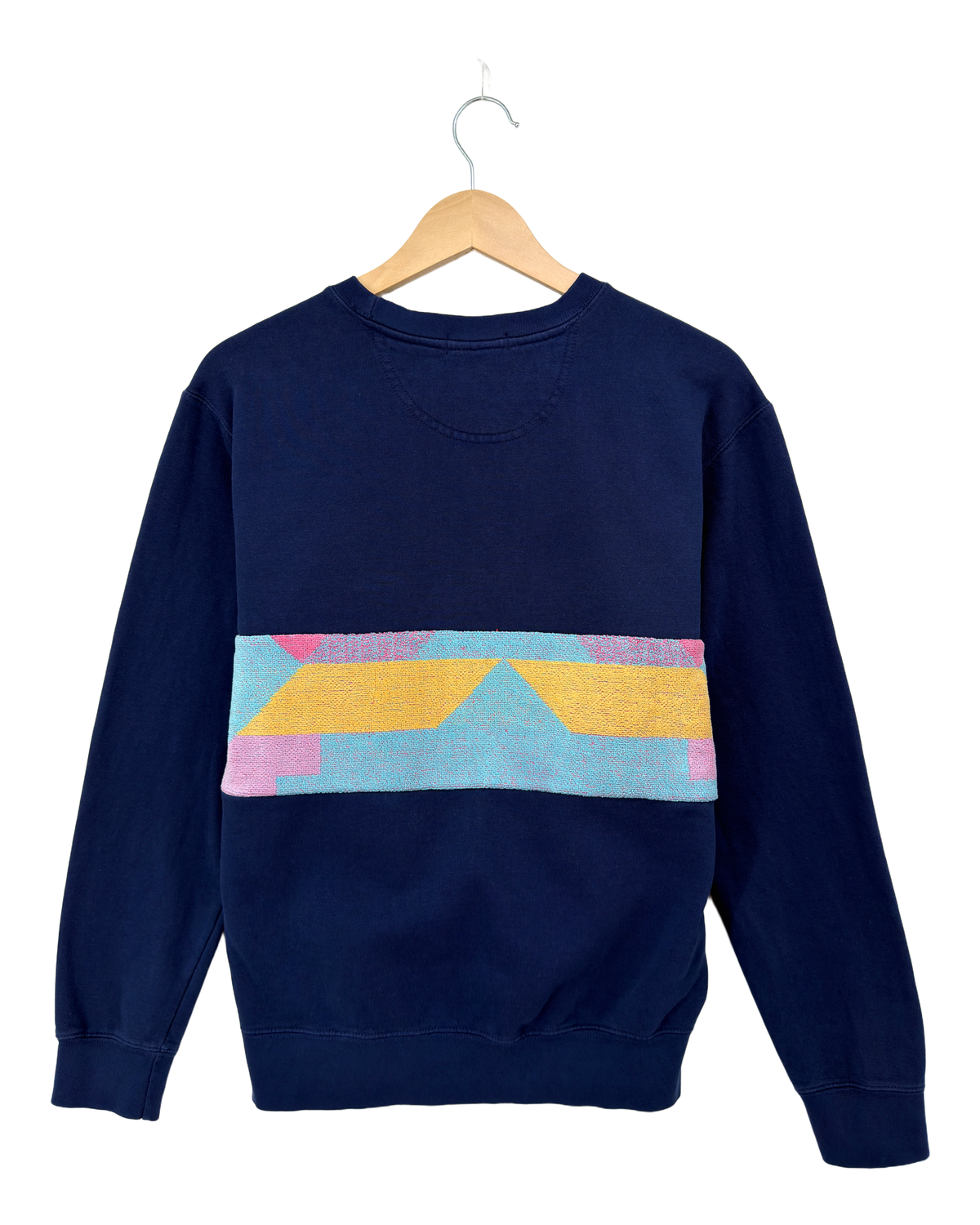 Small Navy Sunset Chaser "Canyon Sunset Arch" — one-of-a-kind upcycled vintage beach towel sweatshirt, handmade by Kspek, view 5