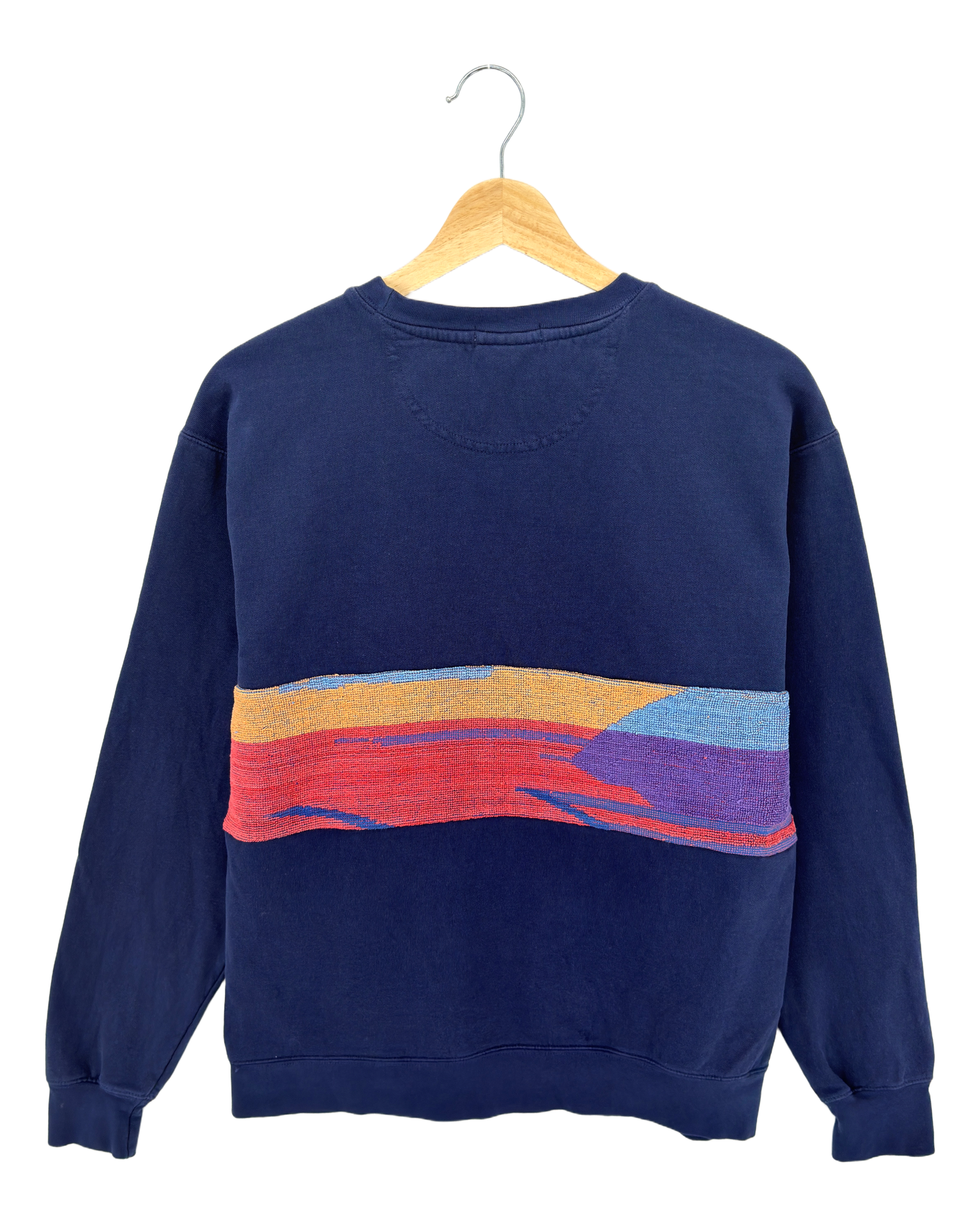 Medium Navy Sunset Chaser "Horizon Groove" — one-of-a-kind upcycled vintage beach towel sweatshirt, handmade by Kspek, view 4